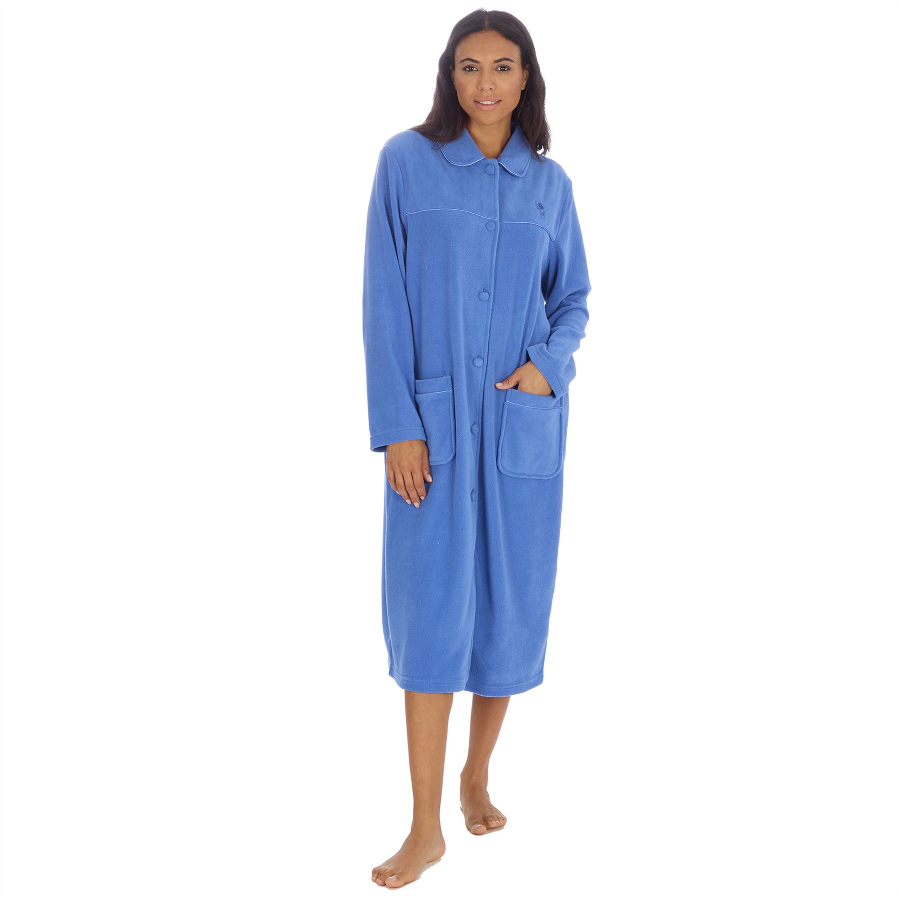 Ladies Button Housecoat Robe Longer Length Fleece Dressing Gown - Picture 13 of 40