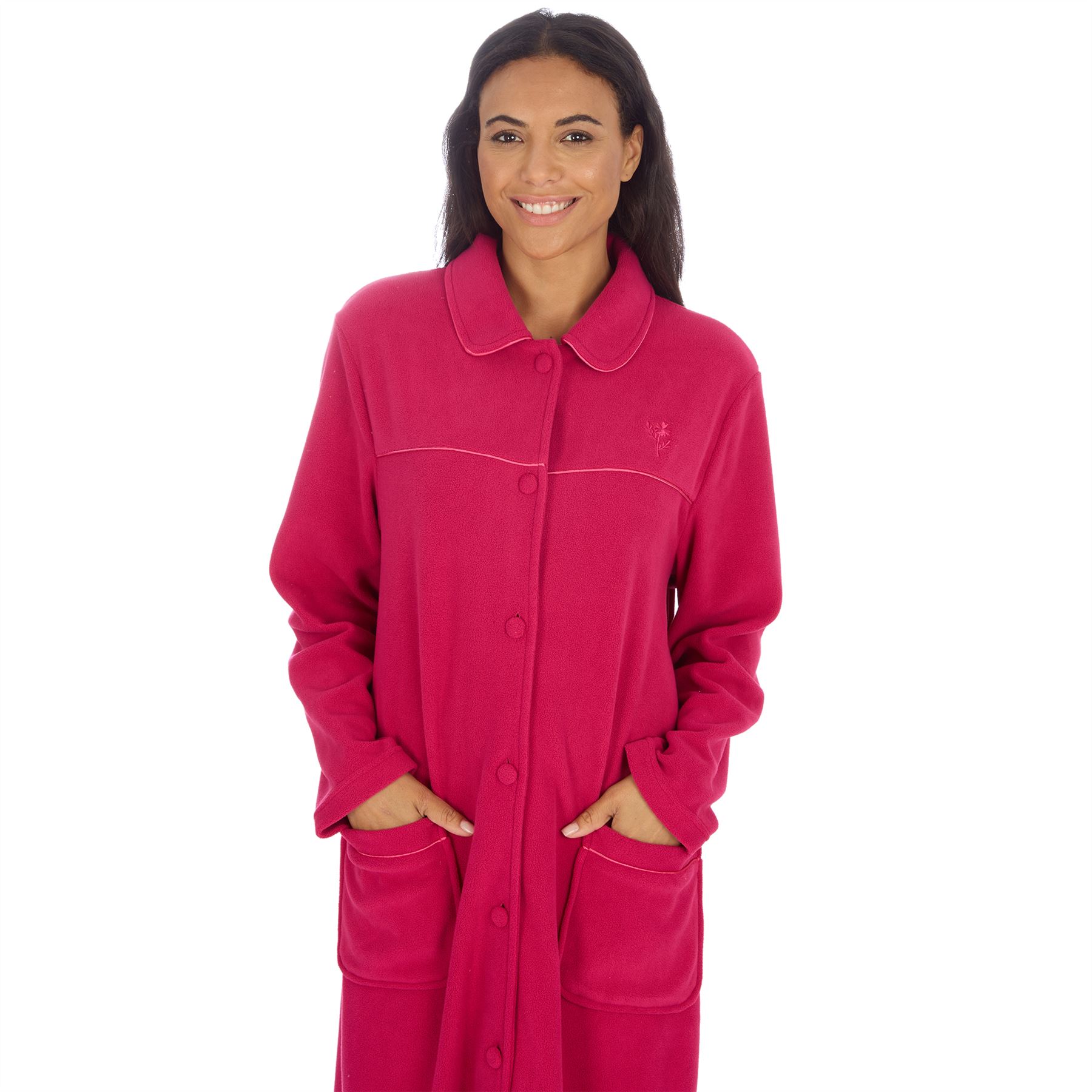 Ladies Button Housecoat Robe Longer Length Fleece Dressing Gown - Picture 39 of 40