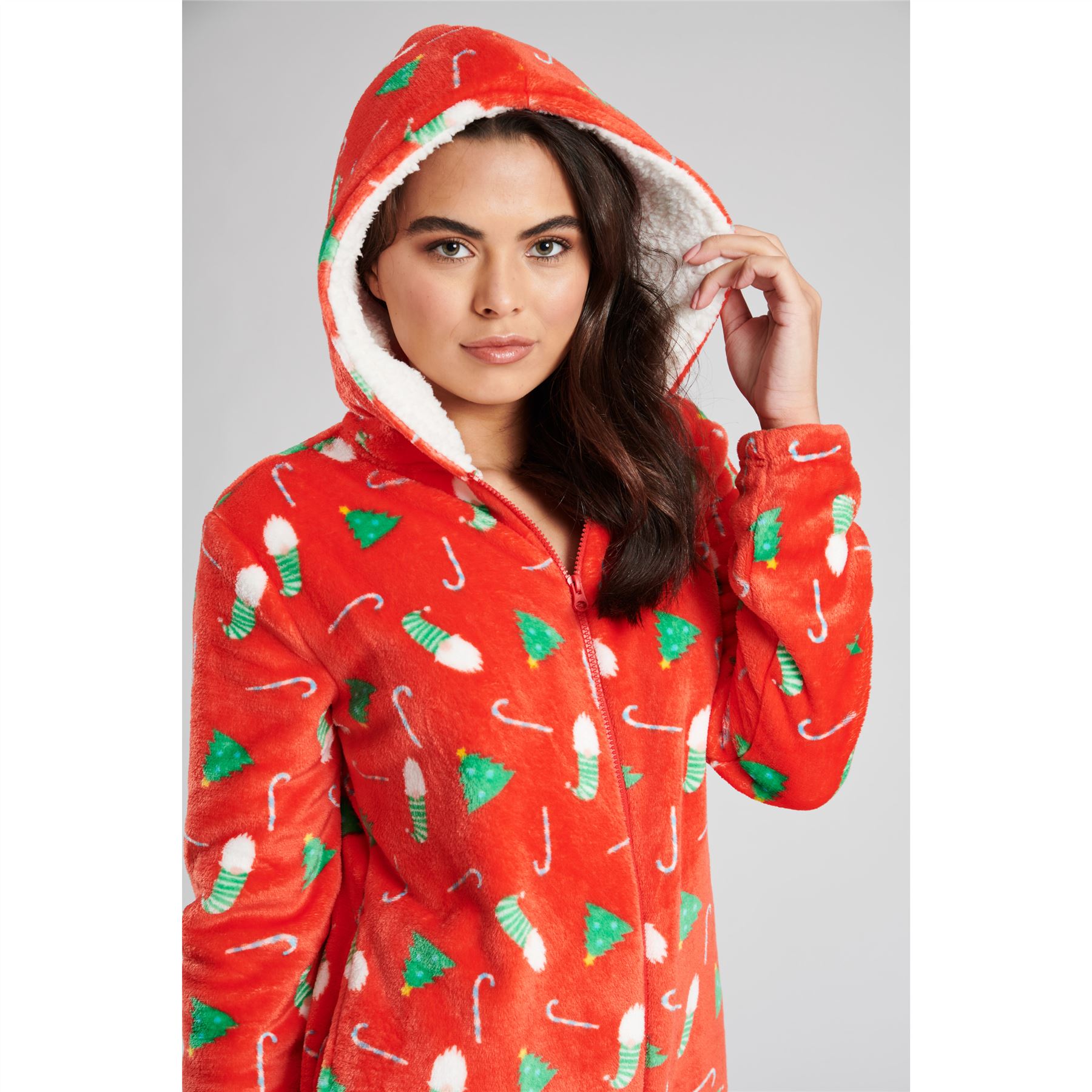 Ladies Christmas Fleece All In One Adult Womens Jumpsuit Xmas Pyjamas Size 8-22 - Picture 16 of 22