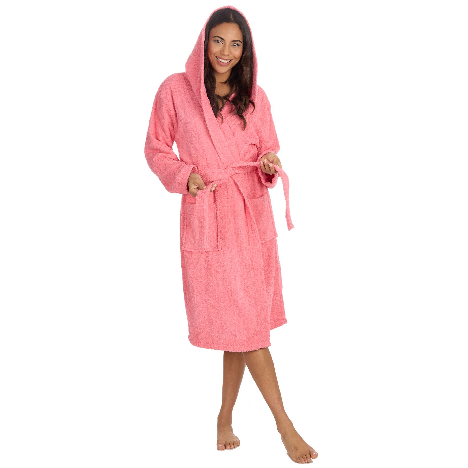 Womens Cotton Towelling Robe Hooded Bath Robe Dressing Gown  - Picture 25 of 26
