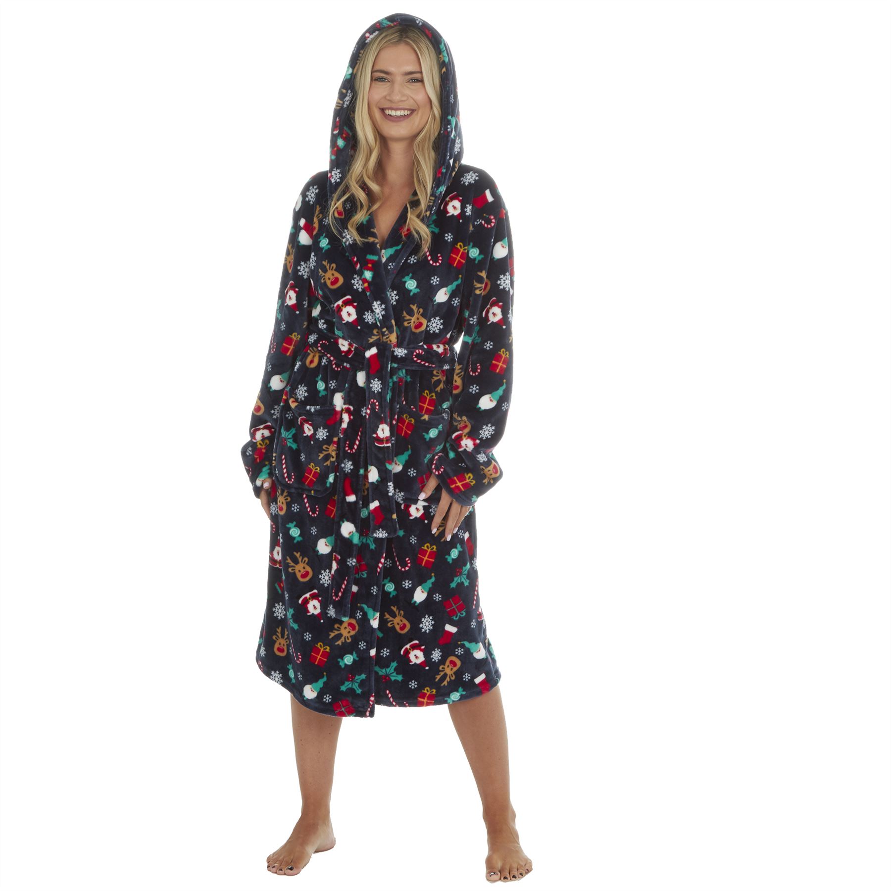 Christmas Dressing Gown Robe Xmas Mens Womens Unisex Red Navy Fleece Nightwear - Picture 20 of 36
