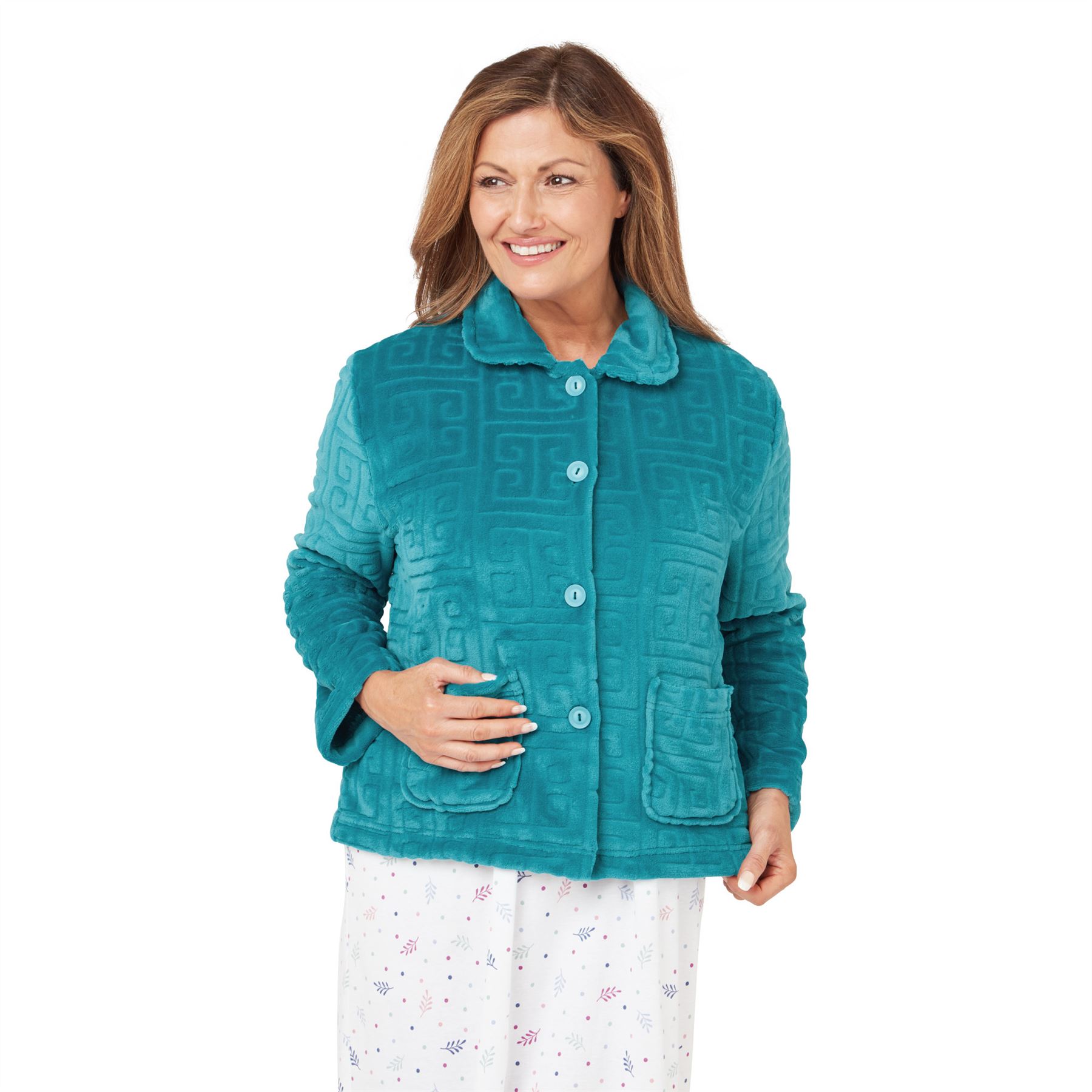 Ladies Embossed Button Through Fleece Bedjacket Womens Nightwear Top - Picture 4 of 4