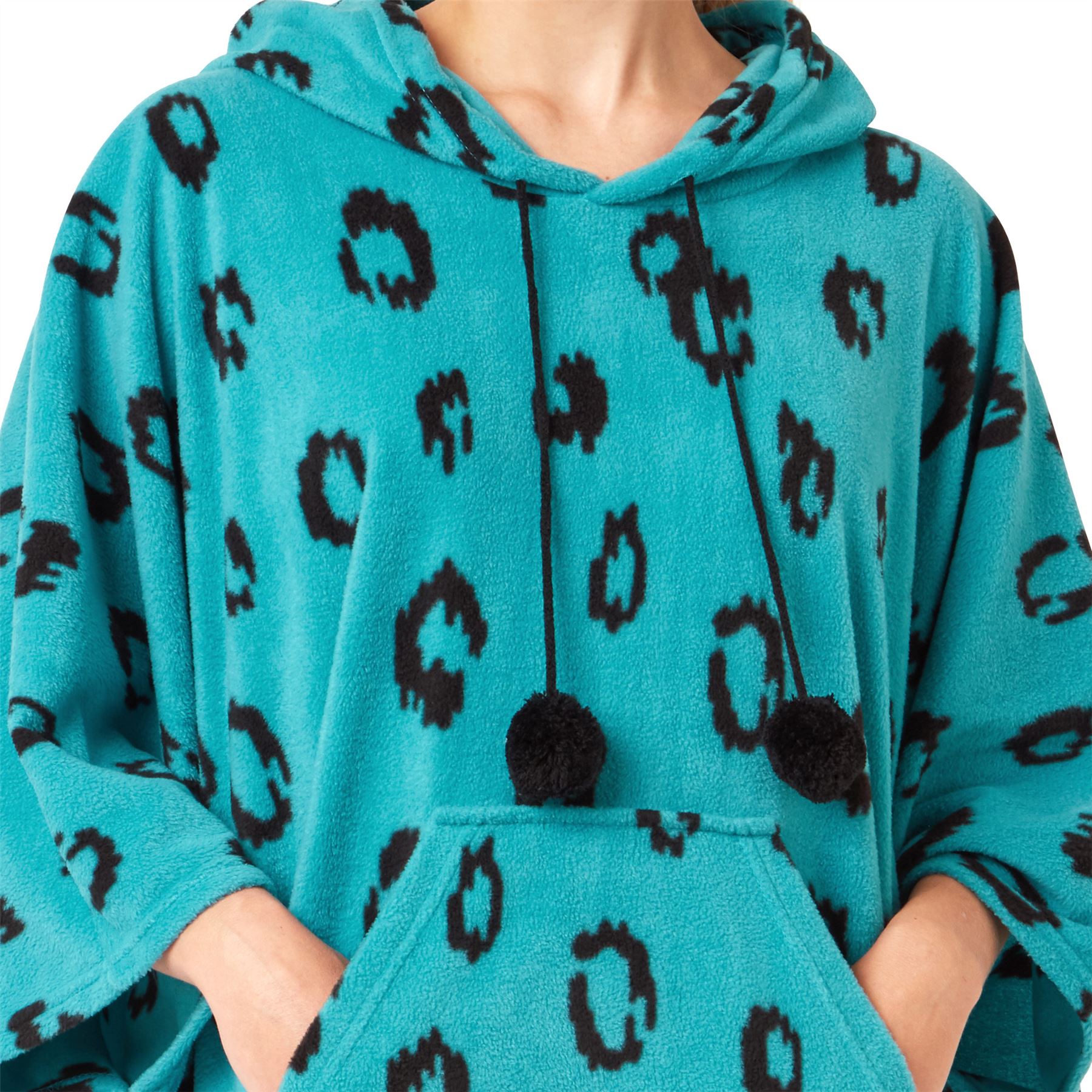 Womens Oversized Poncho Animal Print Fleece Hooded Blanket Black Teal Robe - Picture 16 of 18
