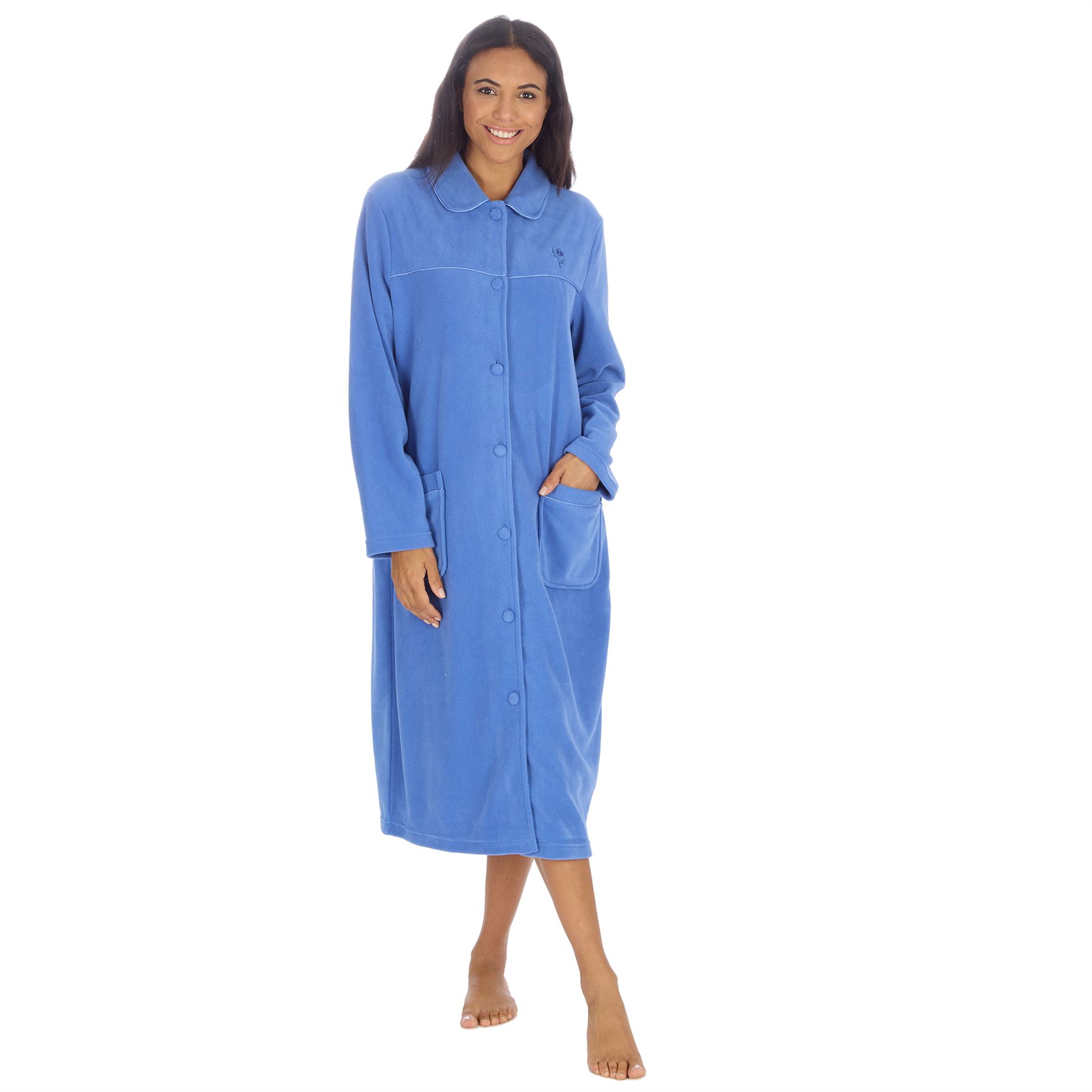 Ladies Button Housecoat Robe Longer Length Fleece Dressing Gown - Picture 12 of 40
