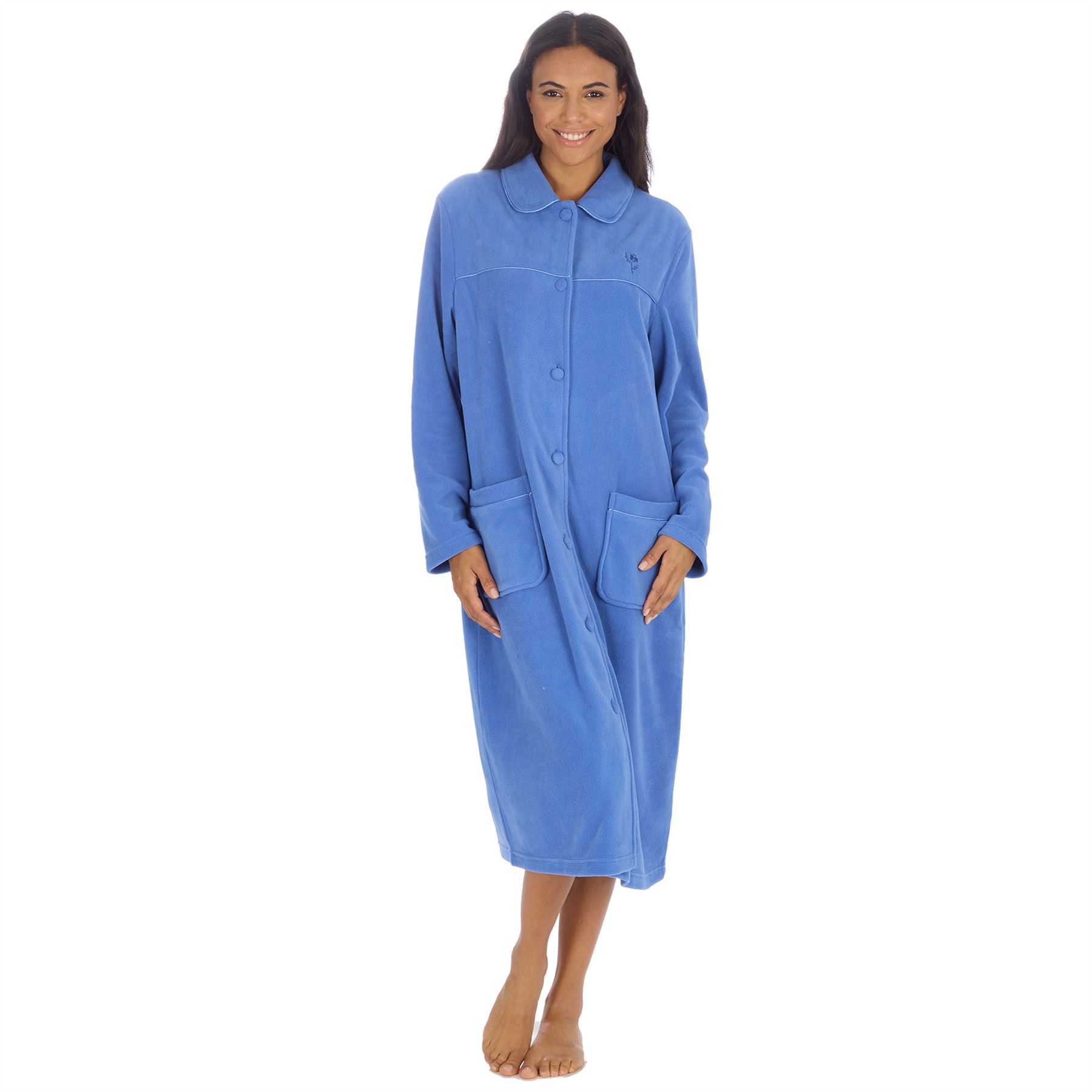 Ladies Button Housecoat Robe Longer Length Fleece Dressing Gown - Picture 16 of 40