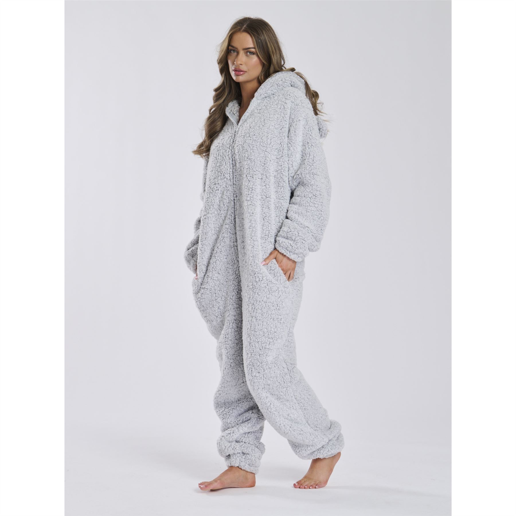 Ladies Teddy Fleece Sherpa All In One With Hood Warm Loungewear - Picture 49 of 51