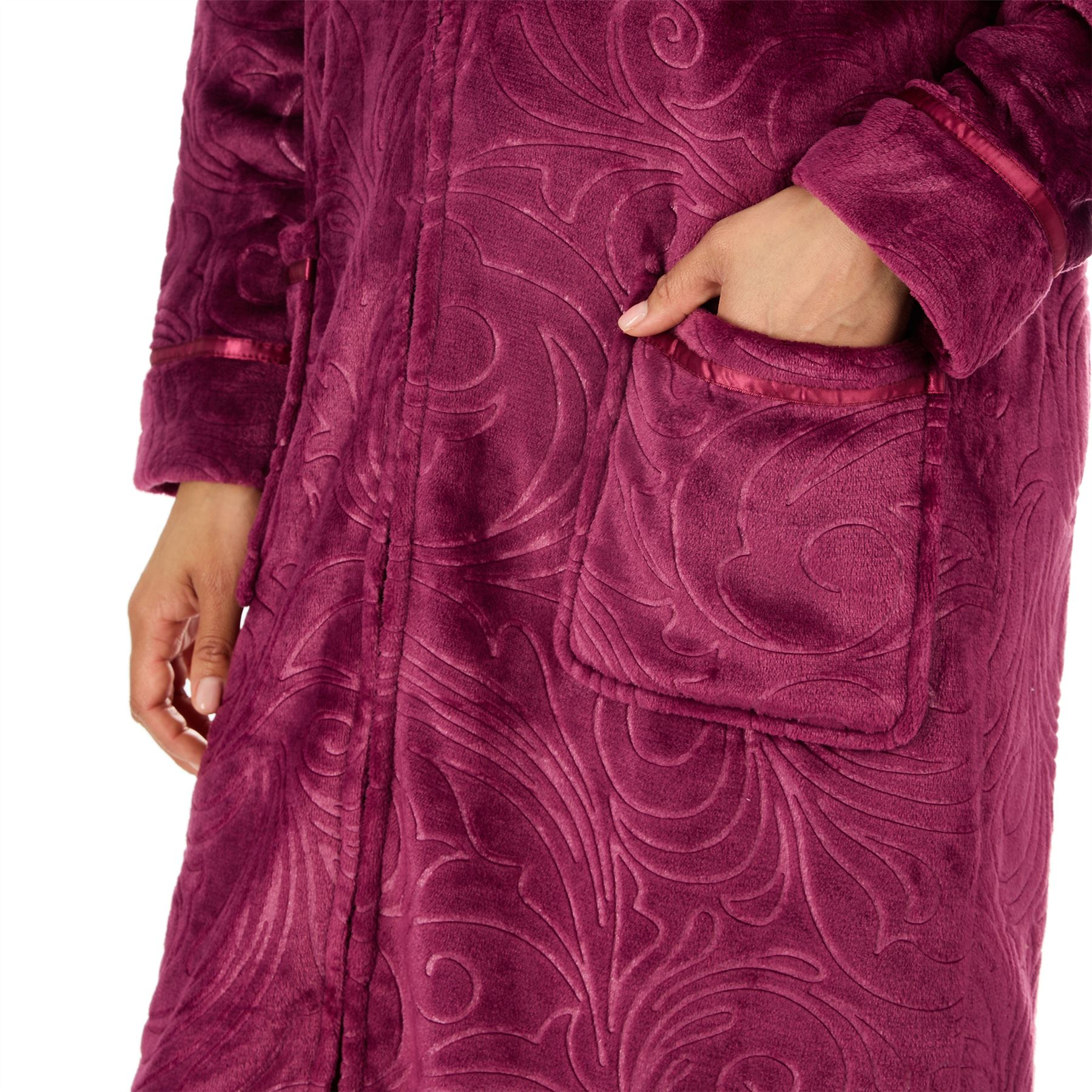 Womens Zip Robe Housecoat Ladies Embossed Fleece Dressing Gown Size 10-24 - Picture 17 of 31