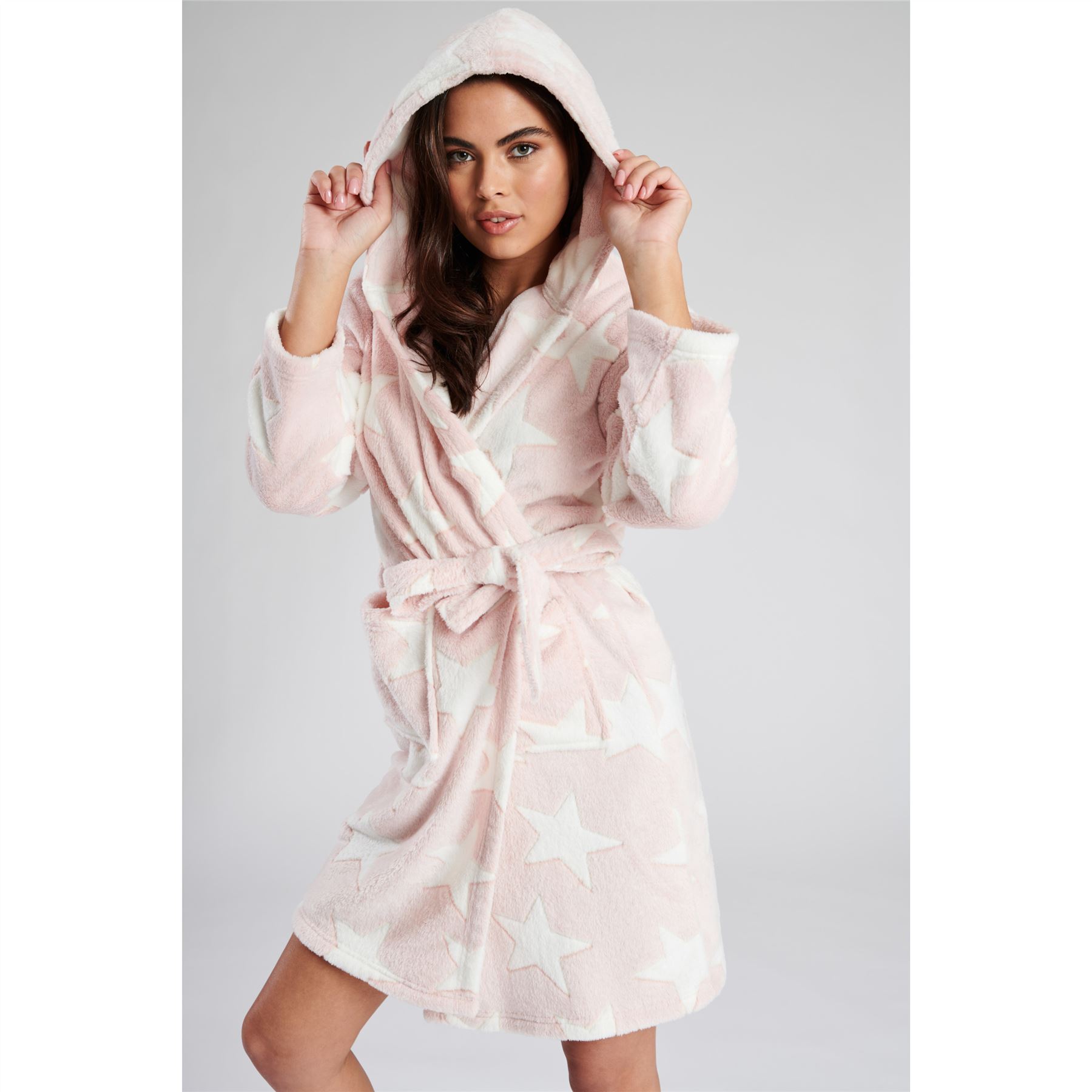 Ladies Super Soft Hooded Fleece Robe Dressing Gown - Picture 59 of 75
