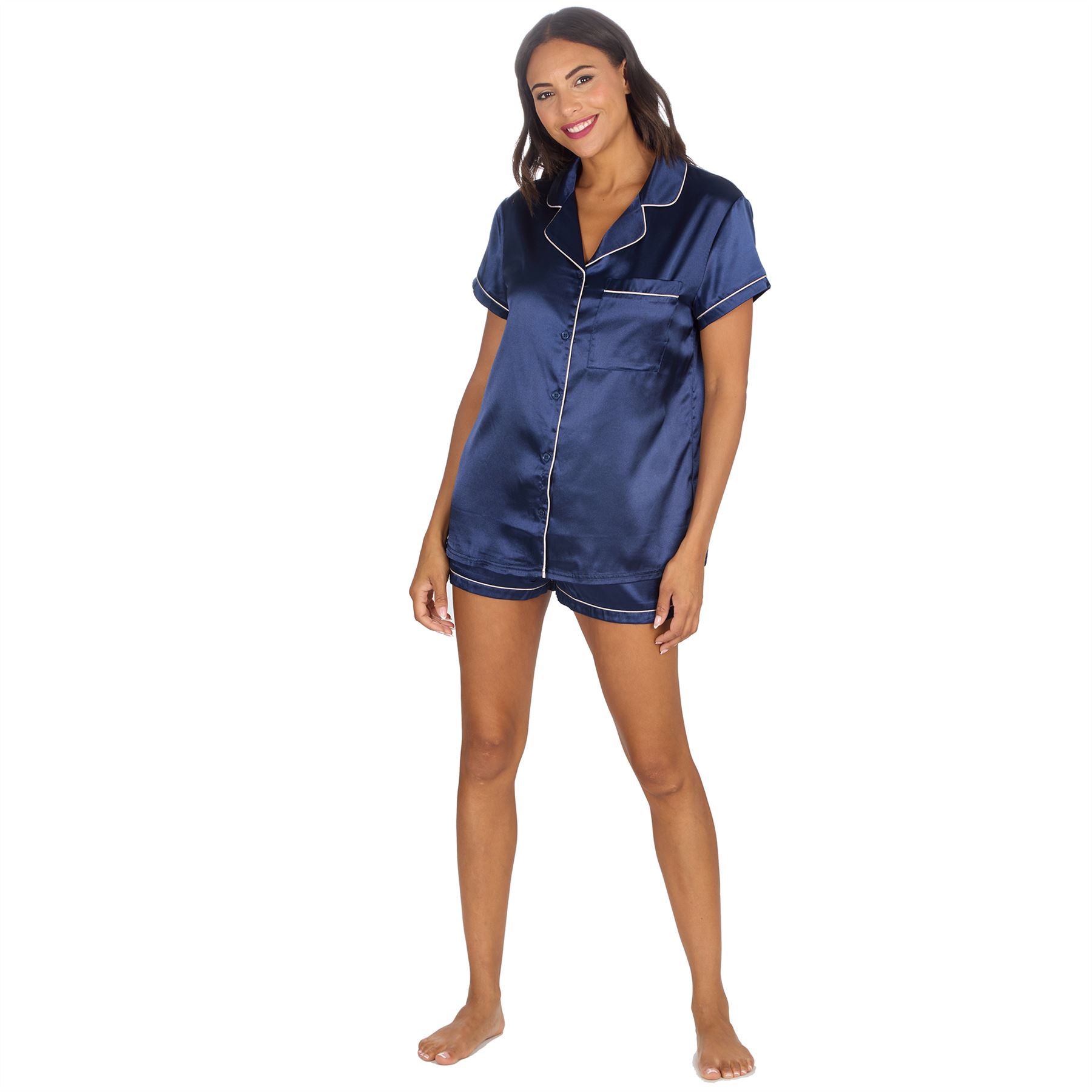 Conjunto de pijama de satén con botones delanteros y pantalones cortos para mujer y mujer talla 10-24 - Imagen 14 de 28