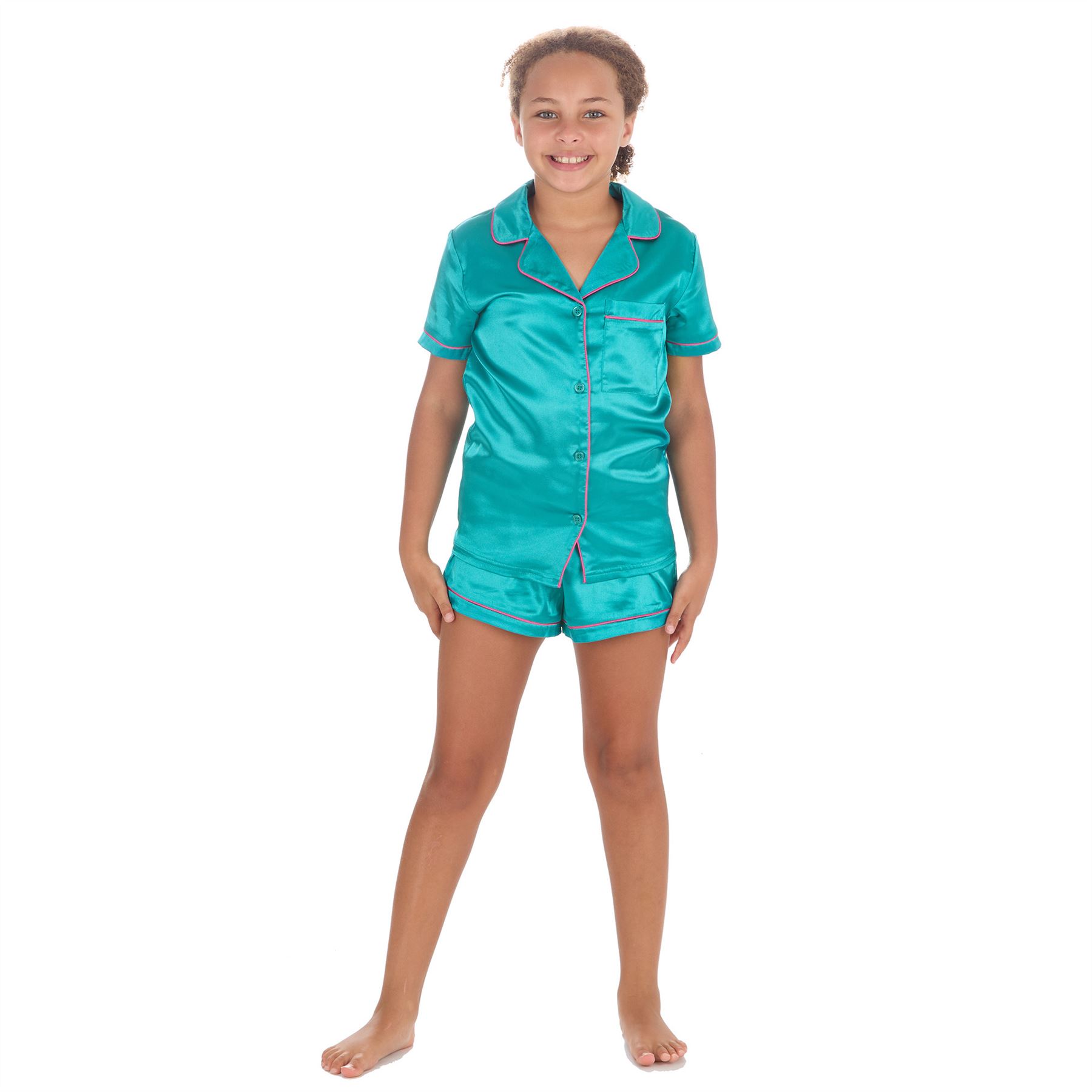 Girls Kids Satin Pyjamas Button Front Top and Shorts Pyjama Set Age 9-13 Years - Picture 8 of 9
