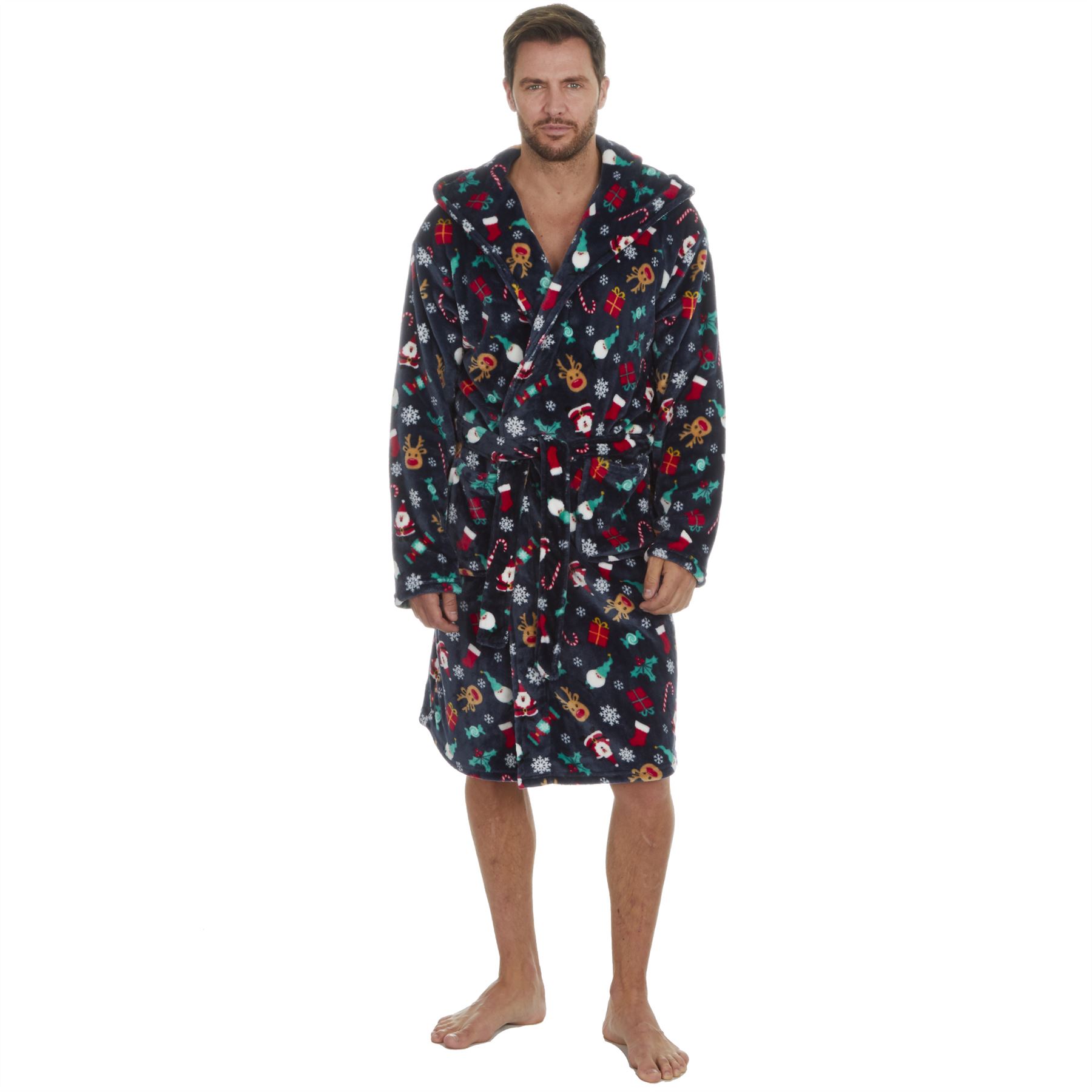 Christmas Dressing Gown Robe Xmas Mens Womens Unisex Red Navy Fleece Nightwear - Picture 24 of 36