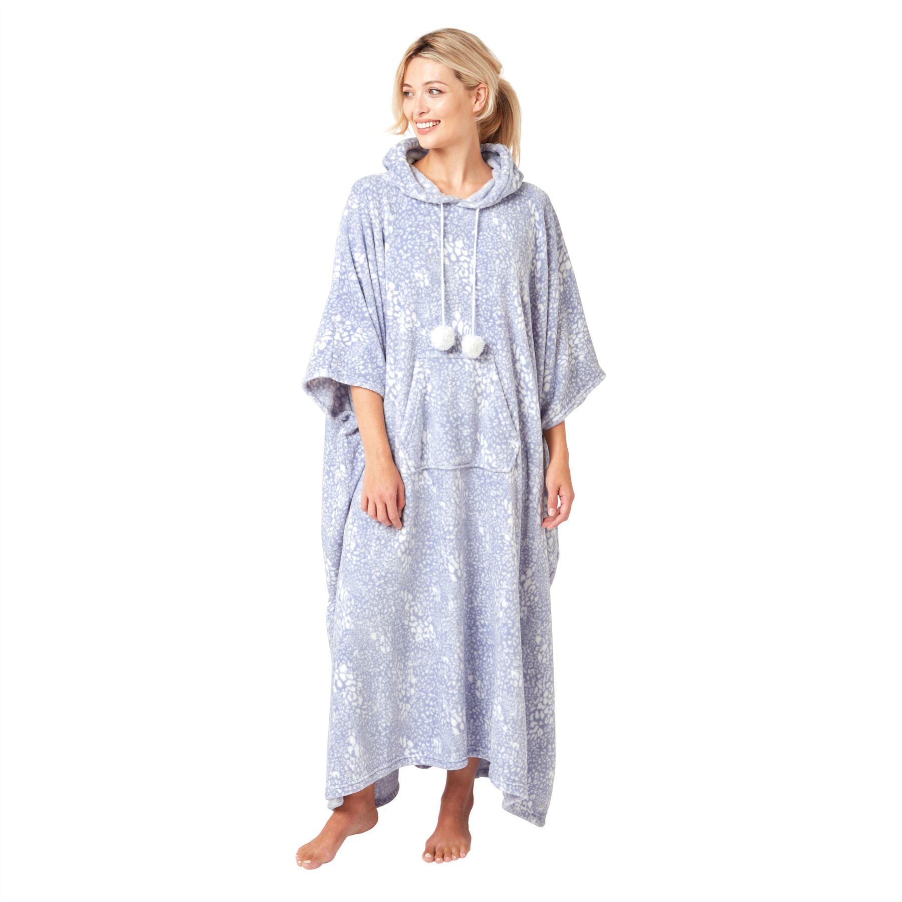 Womens Oversized Poncho Animal Print Fleece Hooded Blanket Blue Pink Robe - Picture 12 of 20