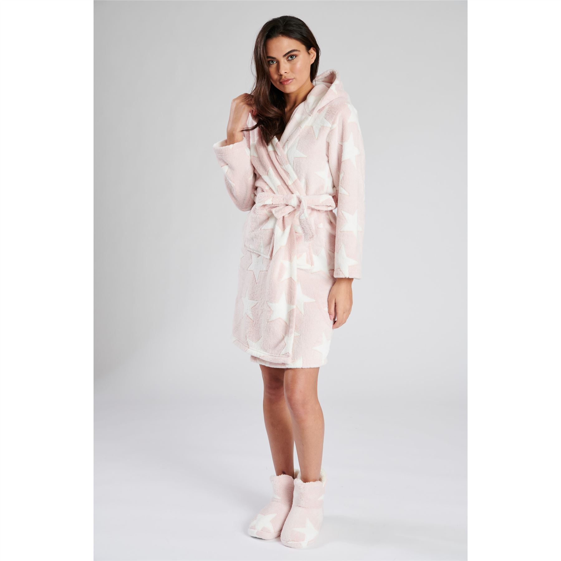 Ladies Super Soft Hooded Fleece Robe Dressing Gown - Picture 57 of 75