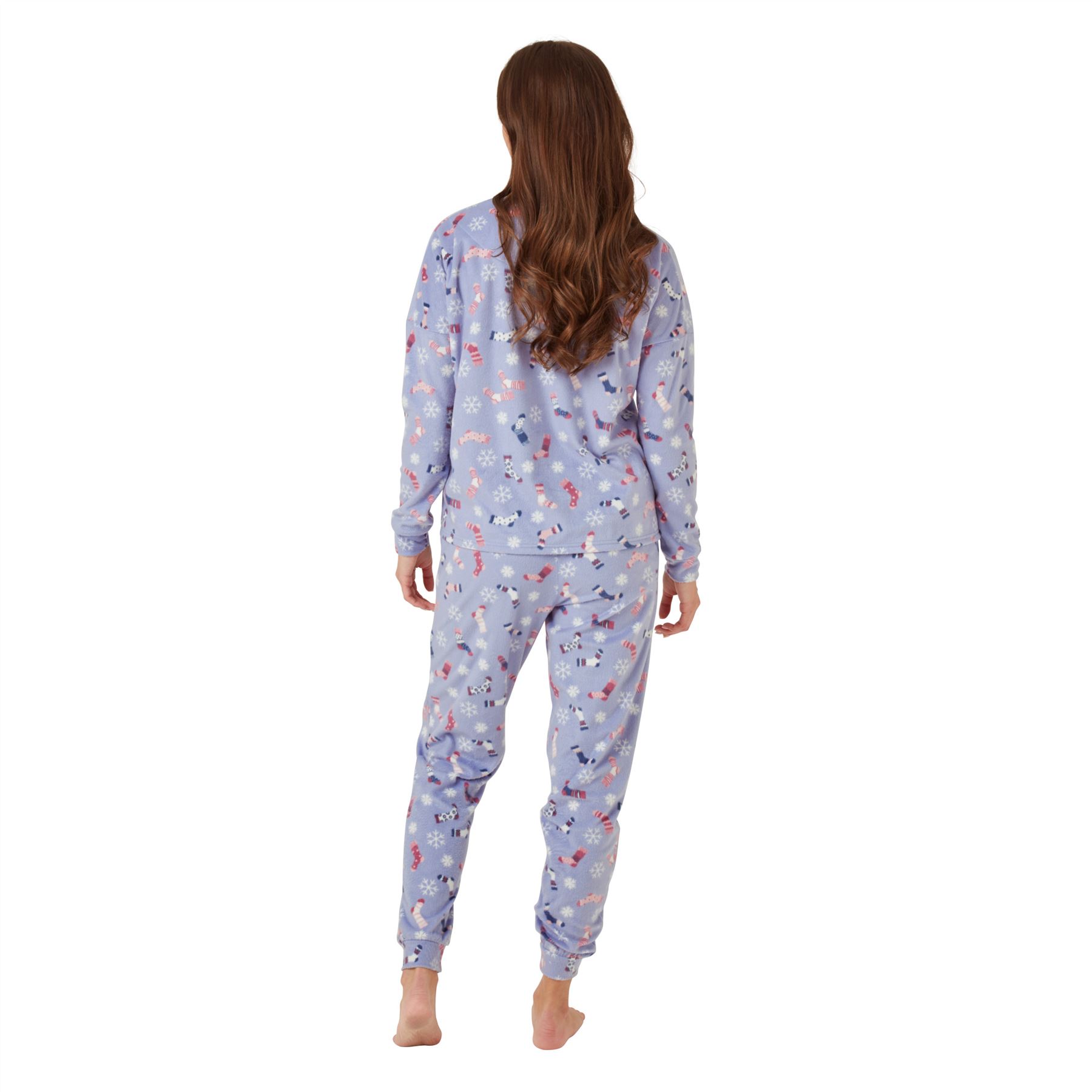 Ladies Fleece Pyjamas Pajama Set Womens Sock Print PJs Blue Pink - Picture 7 of 9
