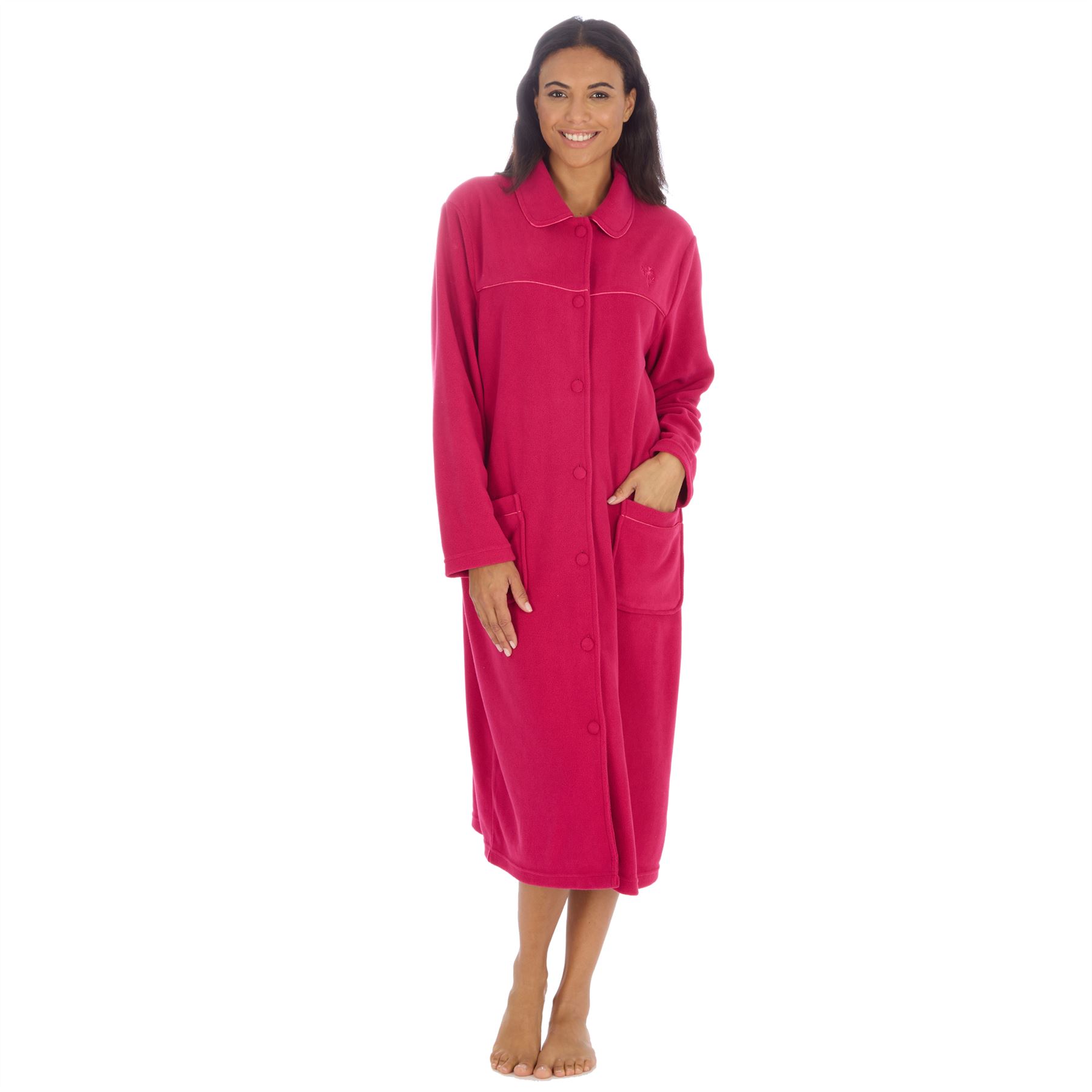 Ladies Button Housecoat Robe Longer Length Fleece Dressing Gown - Picture 36 of 40
