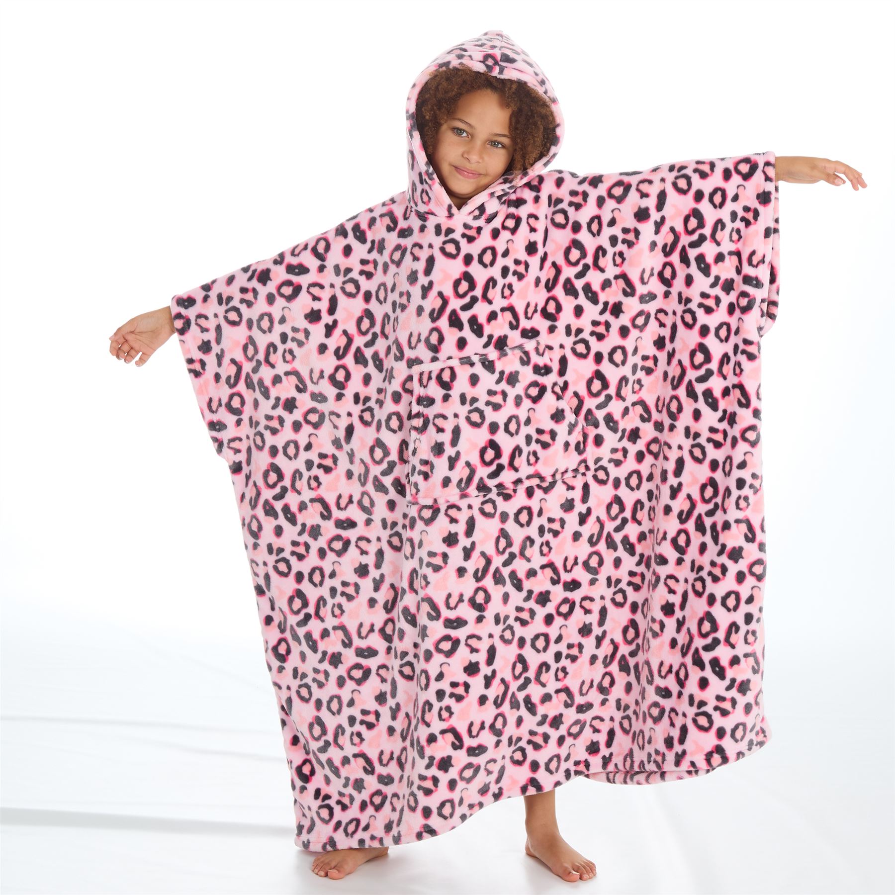 Kids Oversized Poncho Girls Fleece Hooded Pink Leopard Print Robe 7-13 Years - Picture 11 of 13