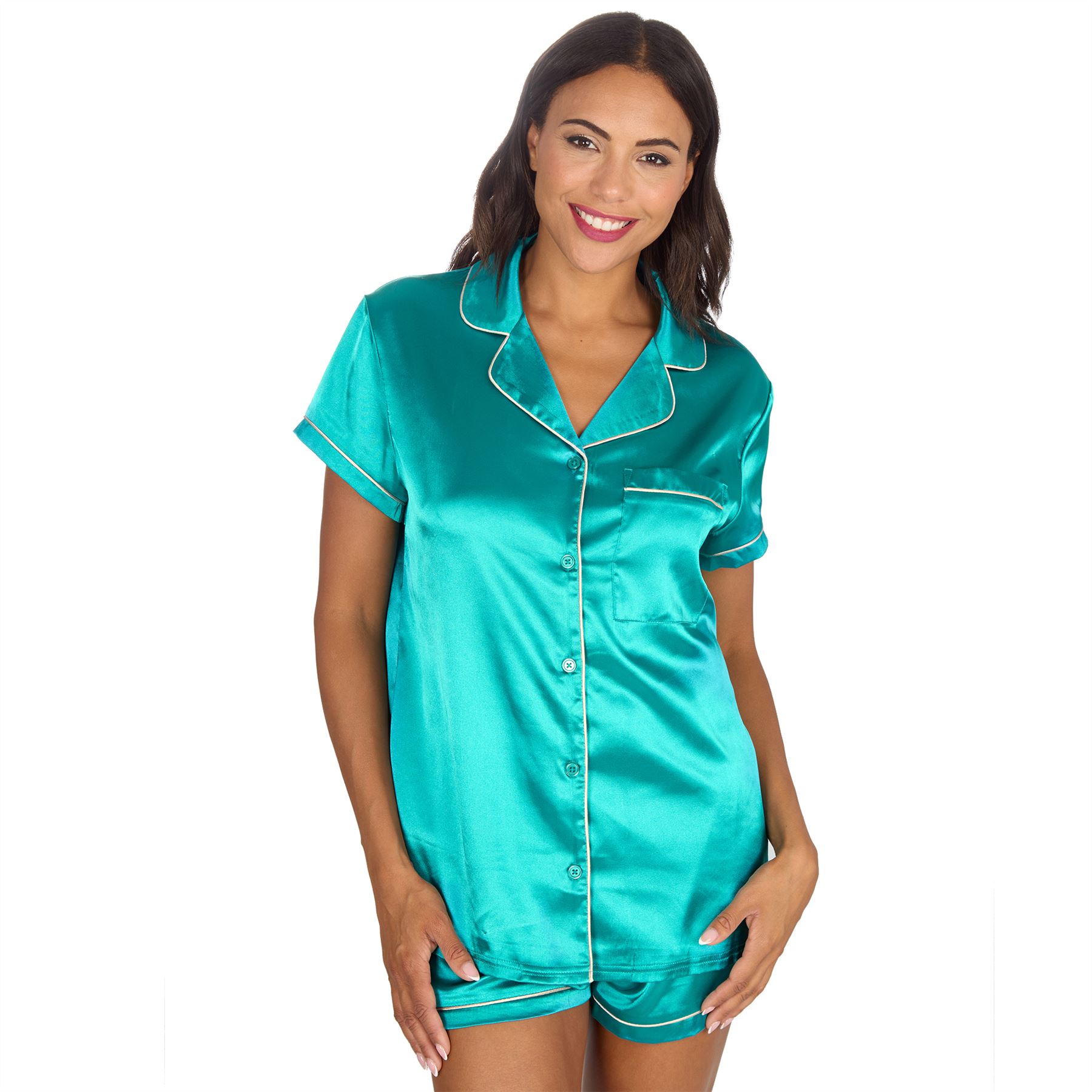 Conjunto de pijama de satén con botones delanteros y pantalones cortos para mujer y mujer talla 10-24 - Imagen 28 de 28