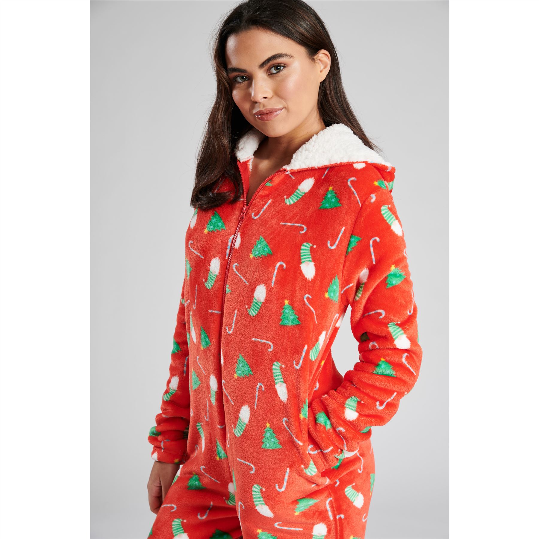 Ladies Christmas Fleece All In One Adult Womens Jumpsuit Xmas Pyjamas Size 8-22 - Picture 15 of 22