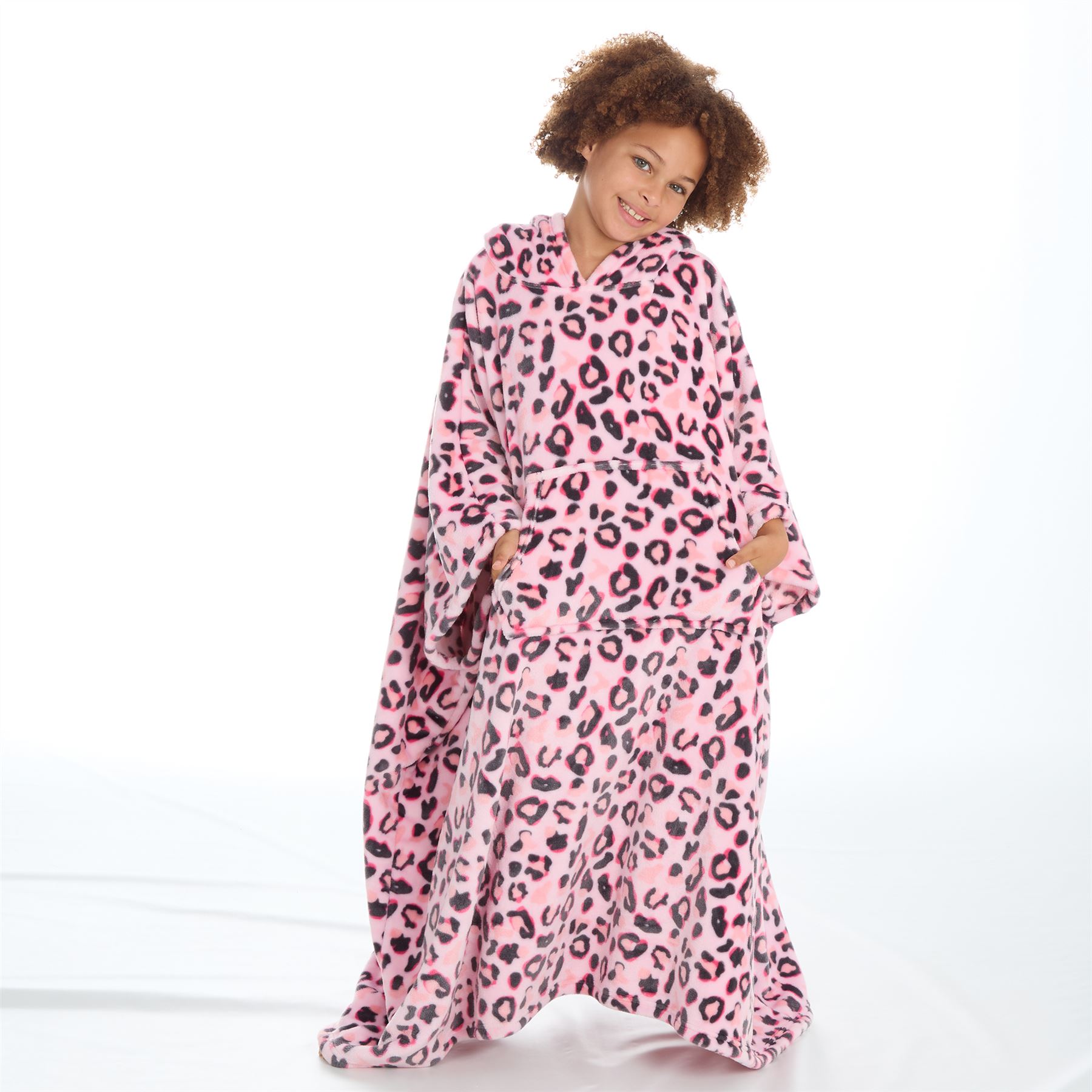 Kids Oversized Poncho Girls Fleece Hooded Pink Leopard Print Robe 7-13 Years - Picture 9 of 13