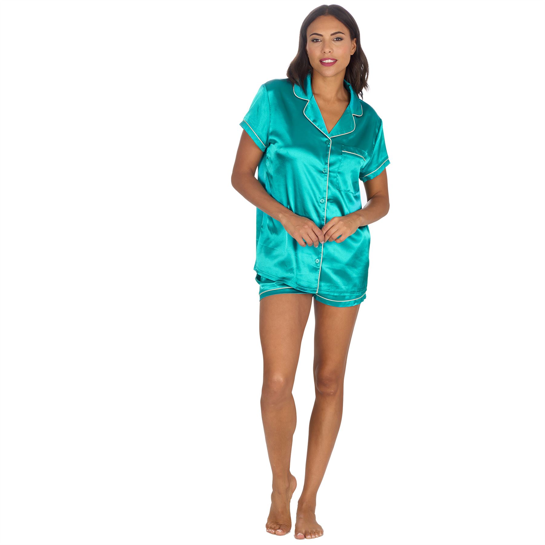Conjunto de pijama de satén con botones delanteros y pantalones cortos para mujer y mujer talla 10-24 - Imagen 24 de 28