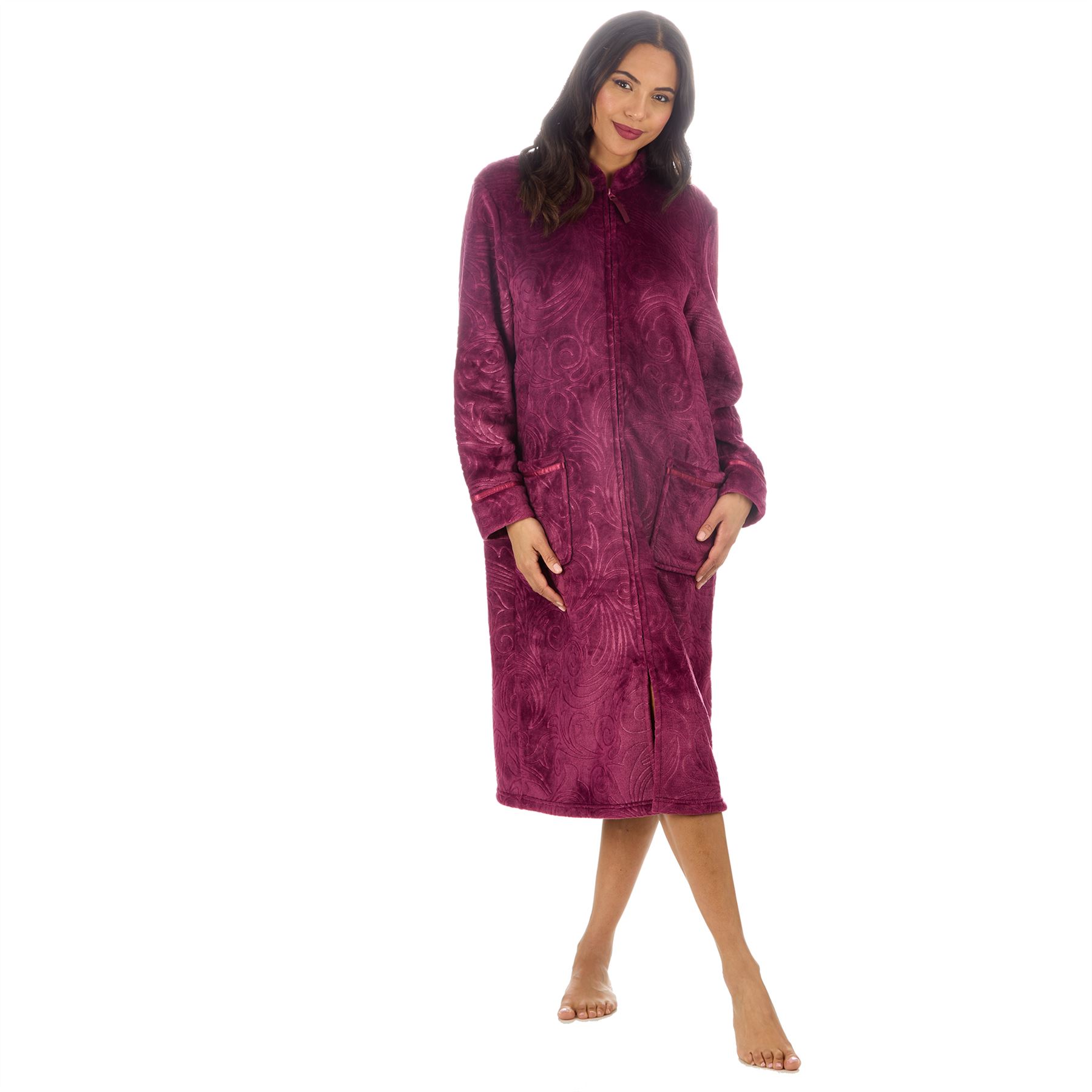 Womens Zip Robe Housecoat Ladies Embossed Fleece Dressing Gown Size 10-24 - Picture 14 of 31
