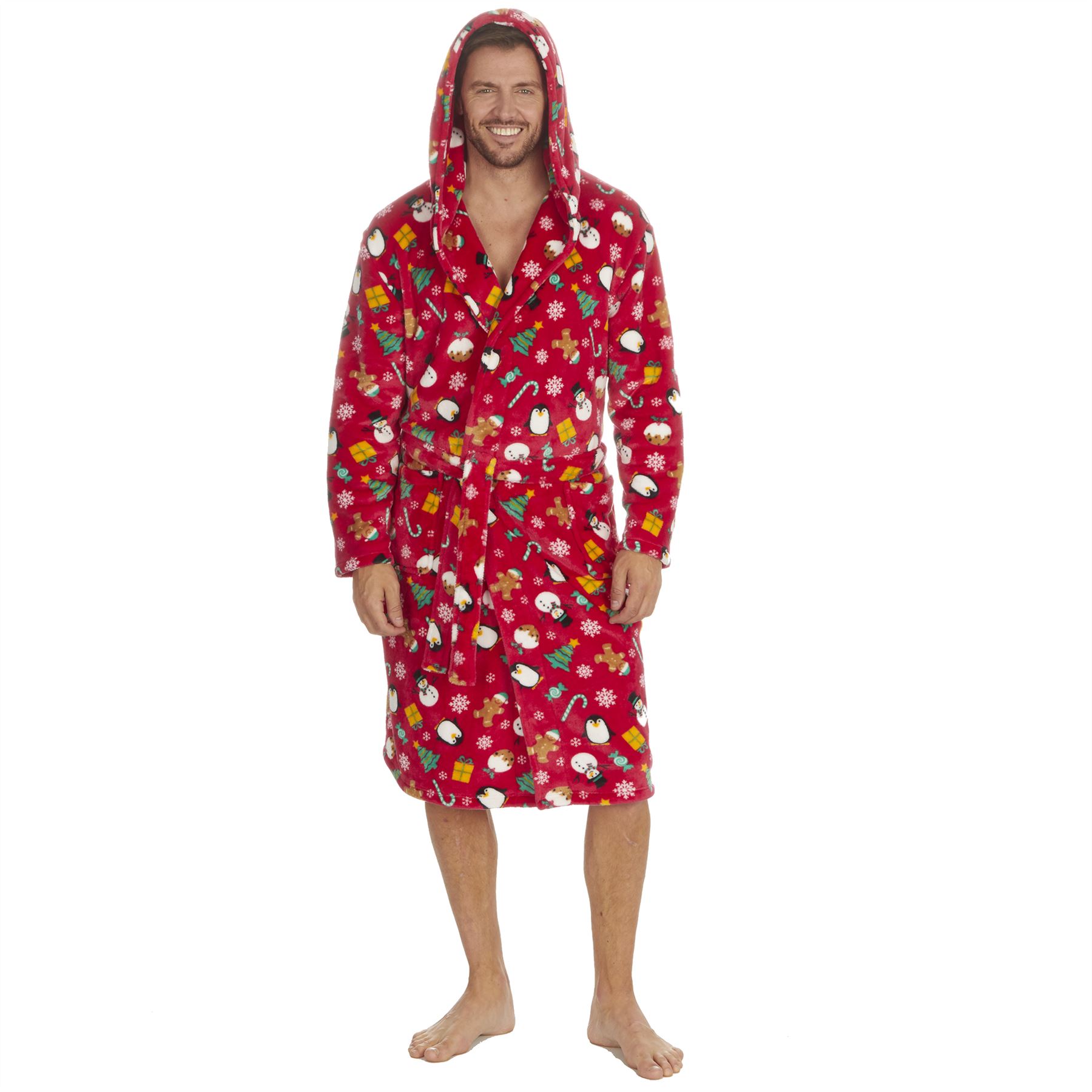 Christmas Dressing Gown Robe Xmas Mens Womens Unisex Red Navy Fleece Nightwear - Picture 25 of 36