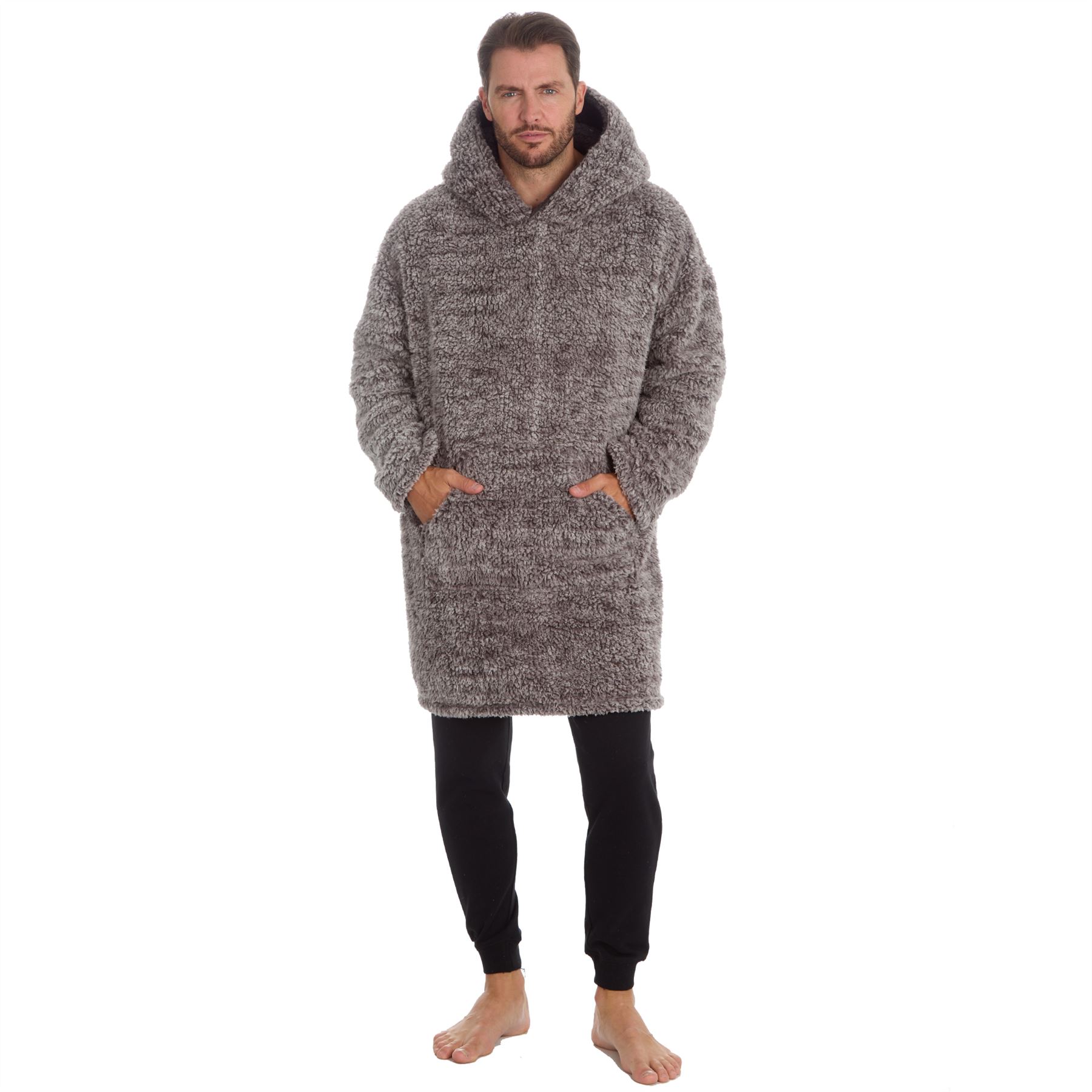 Mens Sherpa Fleece Hoodie Adults Frosted Oversized Warm Winter Nightwear - Picture 5 of 15