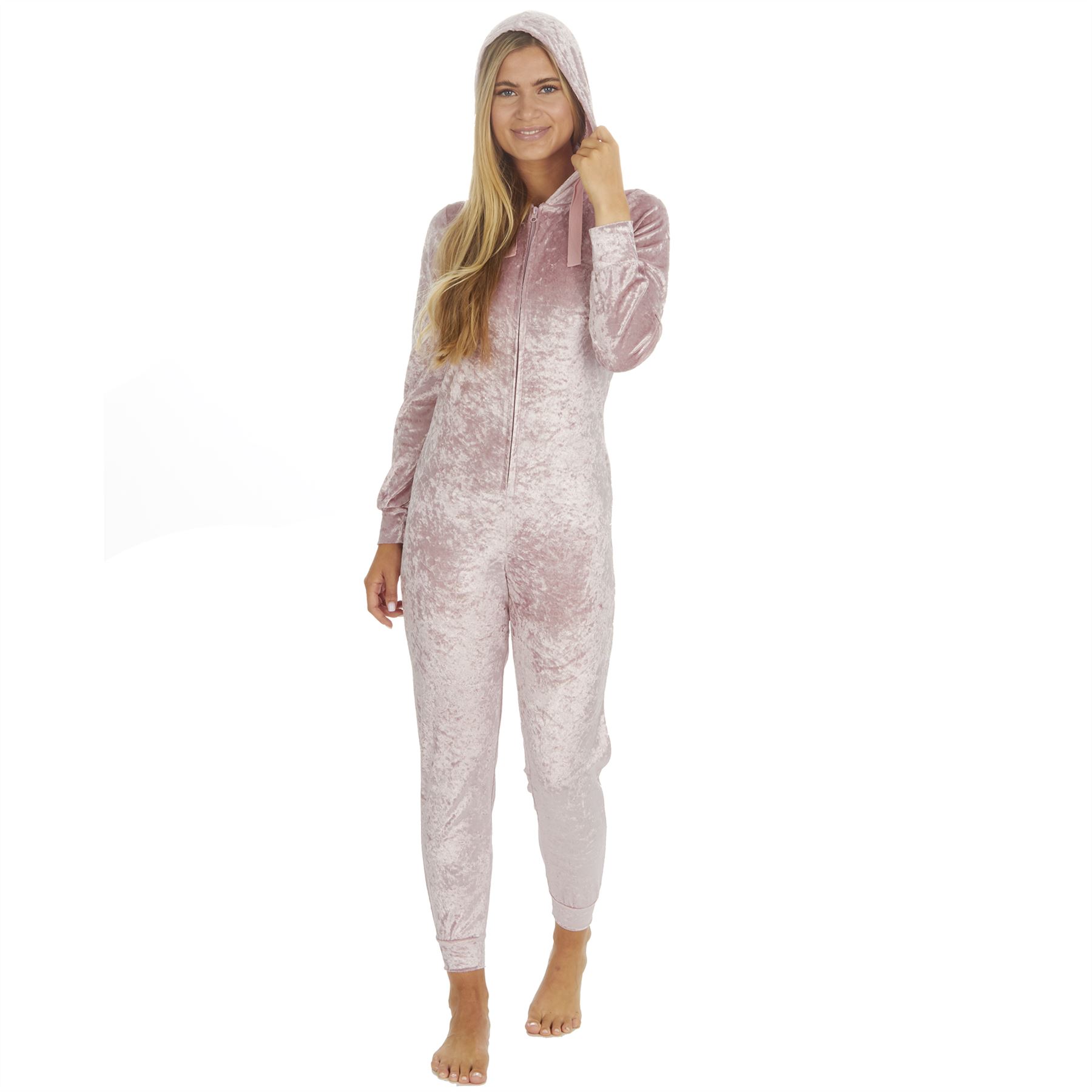 Ladies Crushed Velvet 1Onesie All In One Hooded Pyjamas Size 8-22 - Picture 11 of 13