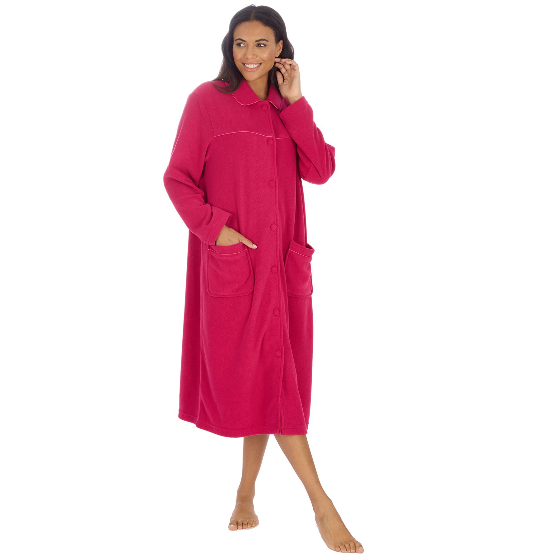 Ladies Button Housecoat Robe Longer Length Fleece Dressing Gown - Picture 37 of 40