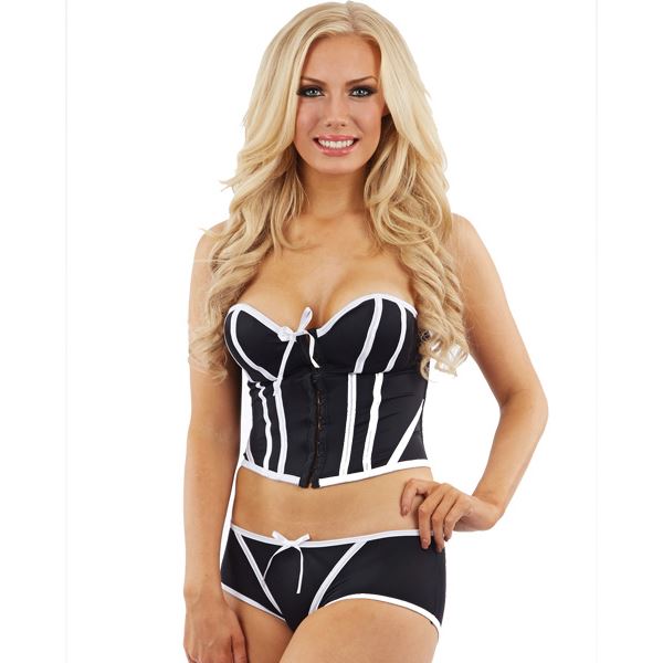 Conjunto de ropa interior lencería vasca corsé para mujer sexy y pantalones cortos negro/blanco - Imagen 2 de 2