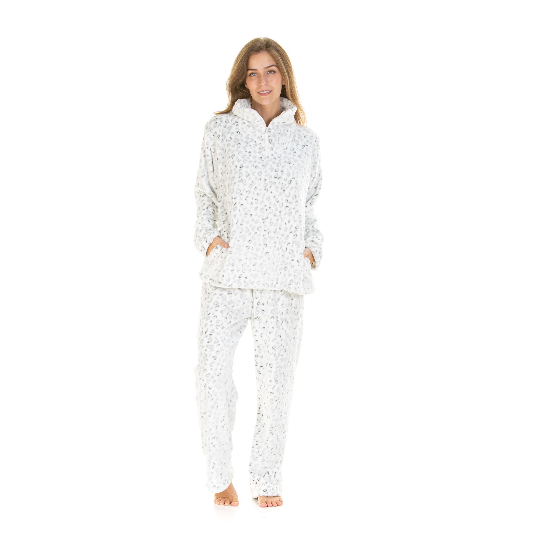Womens Fleece Pyjamas Ladies Funnel Neck Snow Leopard Pyjama Set Size 10-20 - Picture 8 of 8