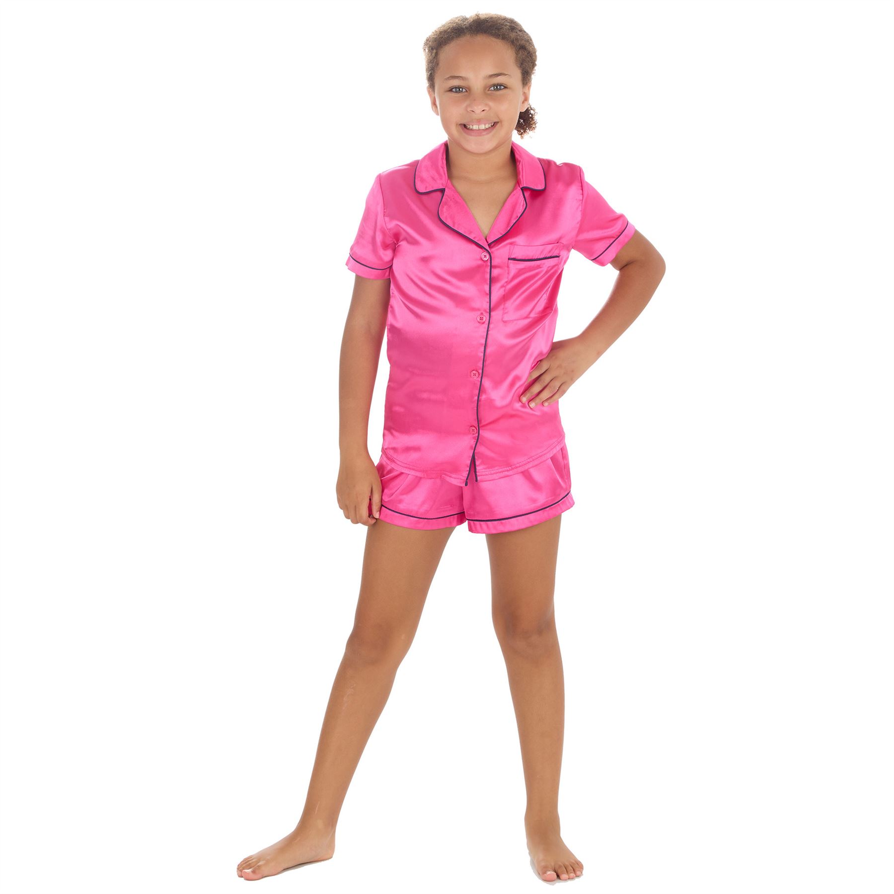 Girls Kids Satin Pyjamas Button Front Top and Shorts Pyjama Set Age 9-13 Years - Picture 5 of 9
