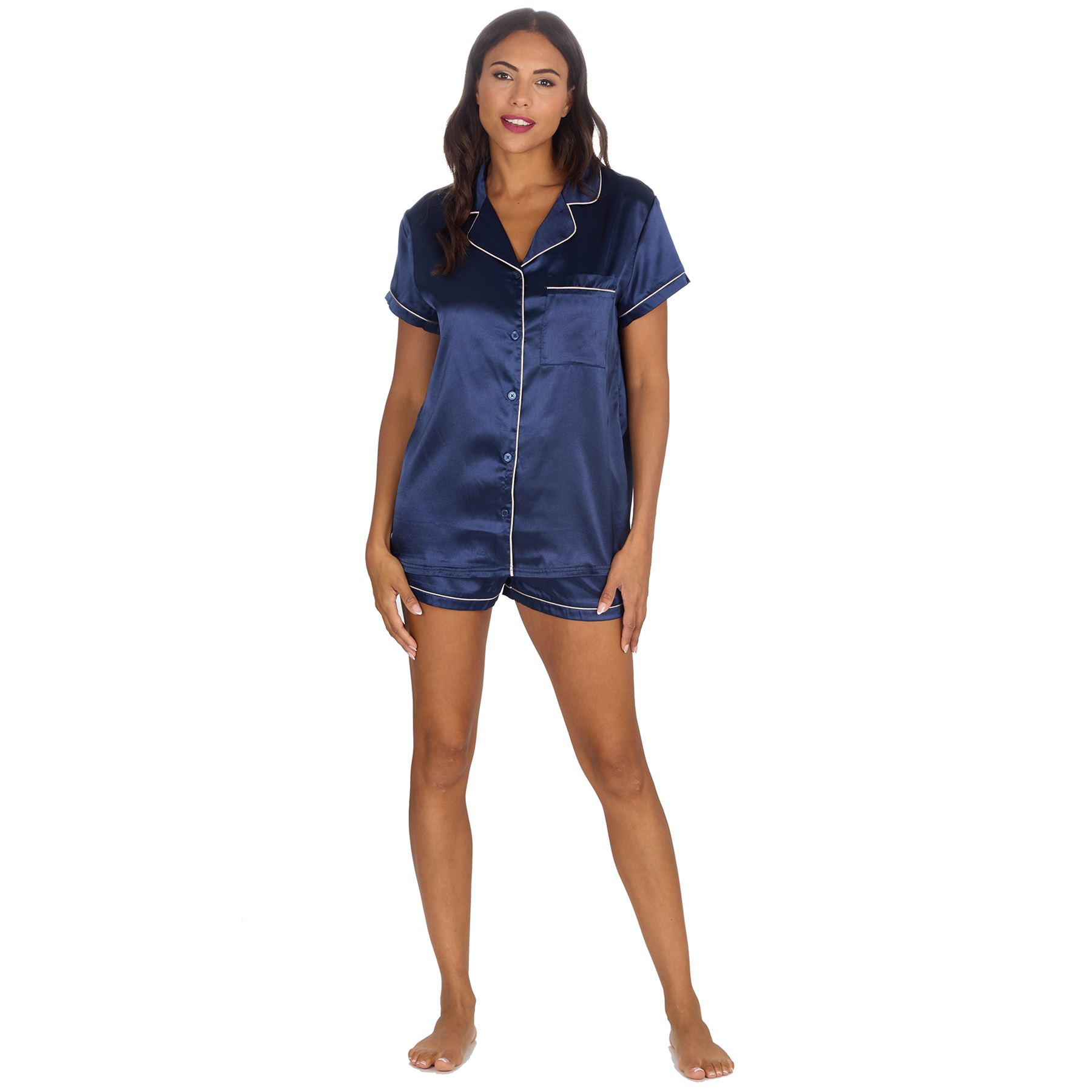 Conjunto de pijama de satén con botones delanteros y pantalones cortos para mujer y mujer talla 10-24 - Imagen 17 de 28