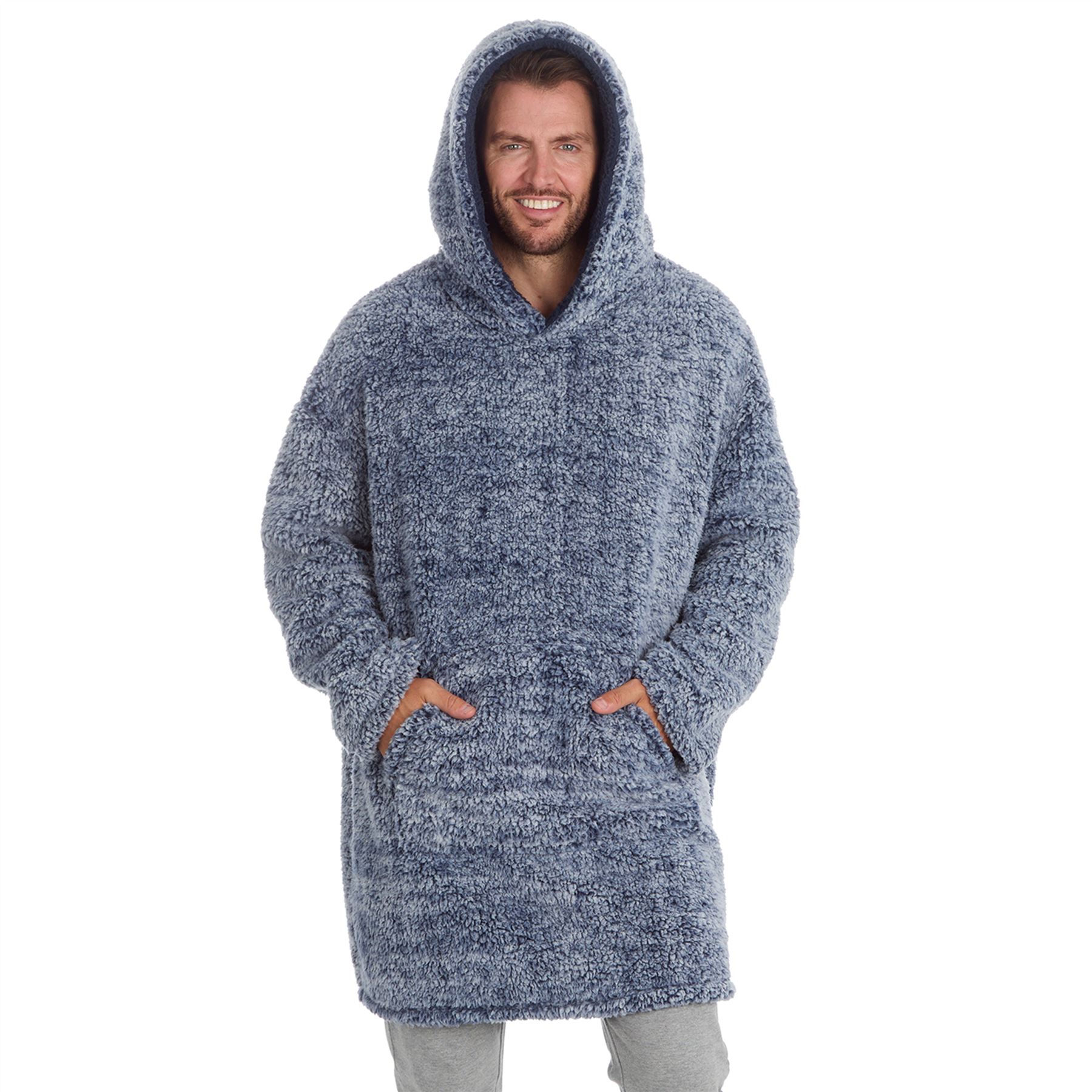 Mens Sherpa Fleece Hoodie Adults Frosted Oversized Warm Winter Nightwear - Picture 10 of 15