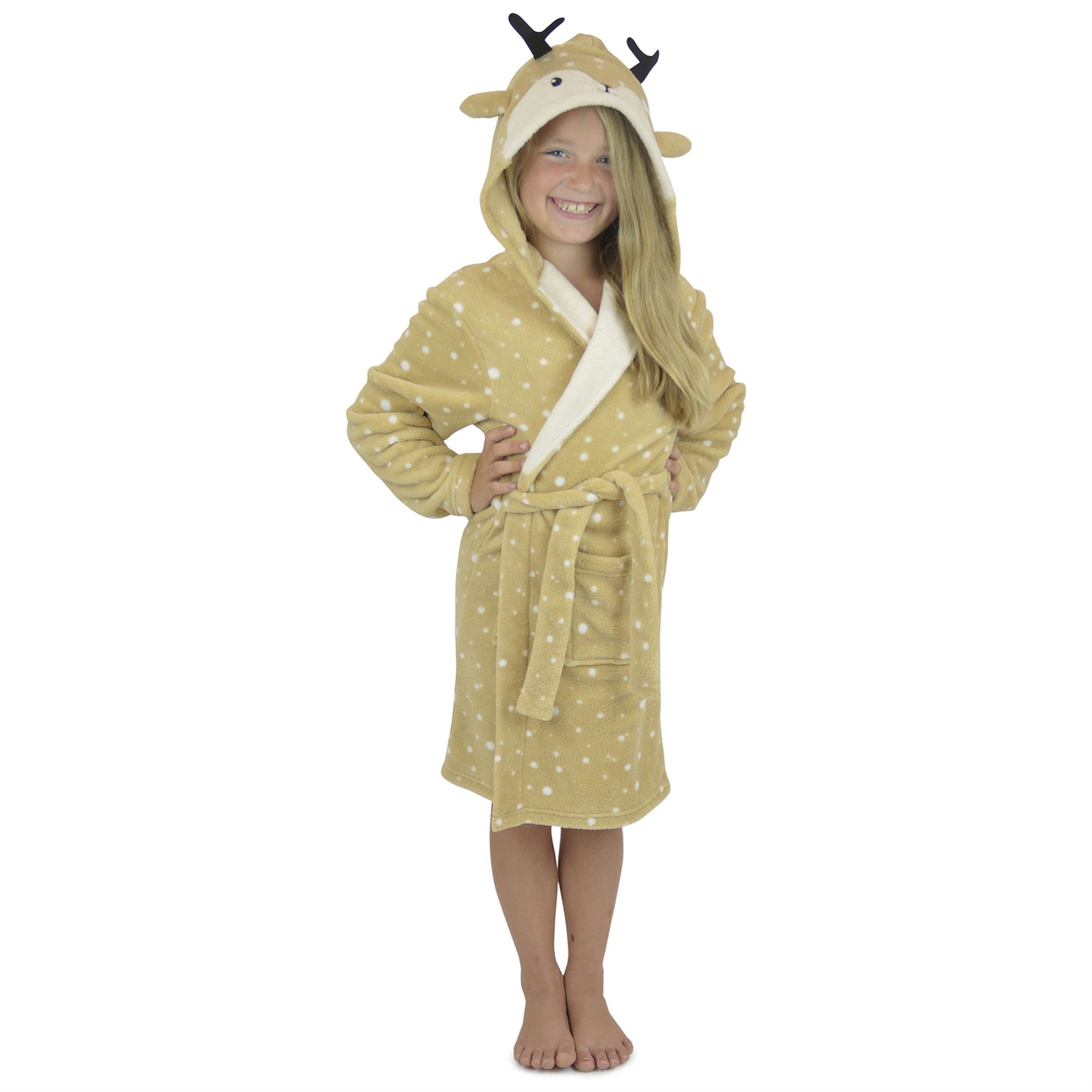 Girls Boys Childrens Novelty Deer Fleece Kids Robe Dressing Gown Brown - Picture 2 of 3