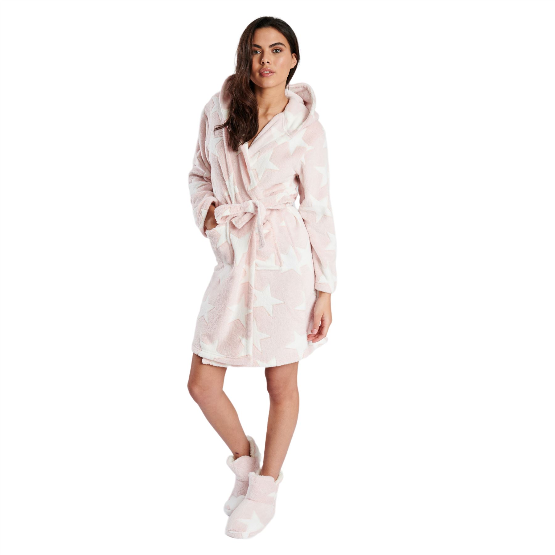 Ladies Super Soft Hooded Fleece Robe Dressing Gown - Picture 56 of 75
