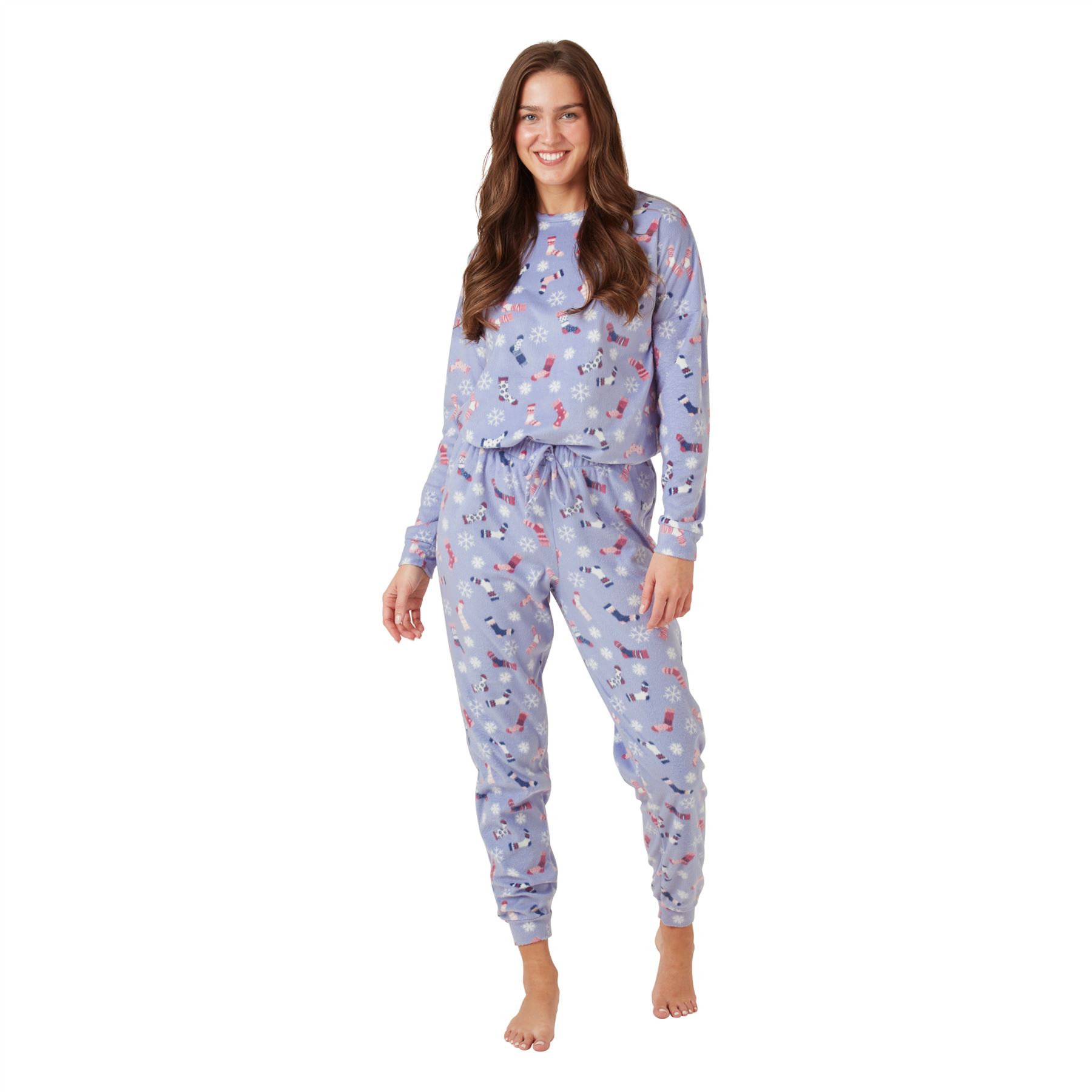 Ladies Fleece Pyjamas Pajama Set Womens Sock Print PJs Blue Pink - Picture 6 of 9