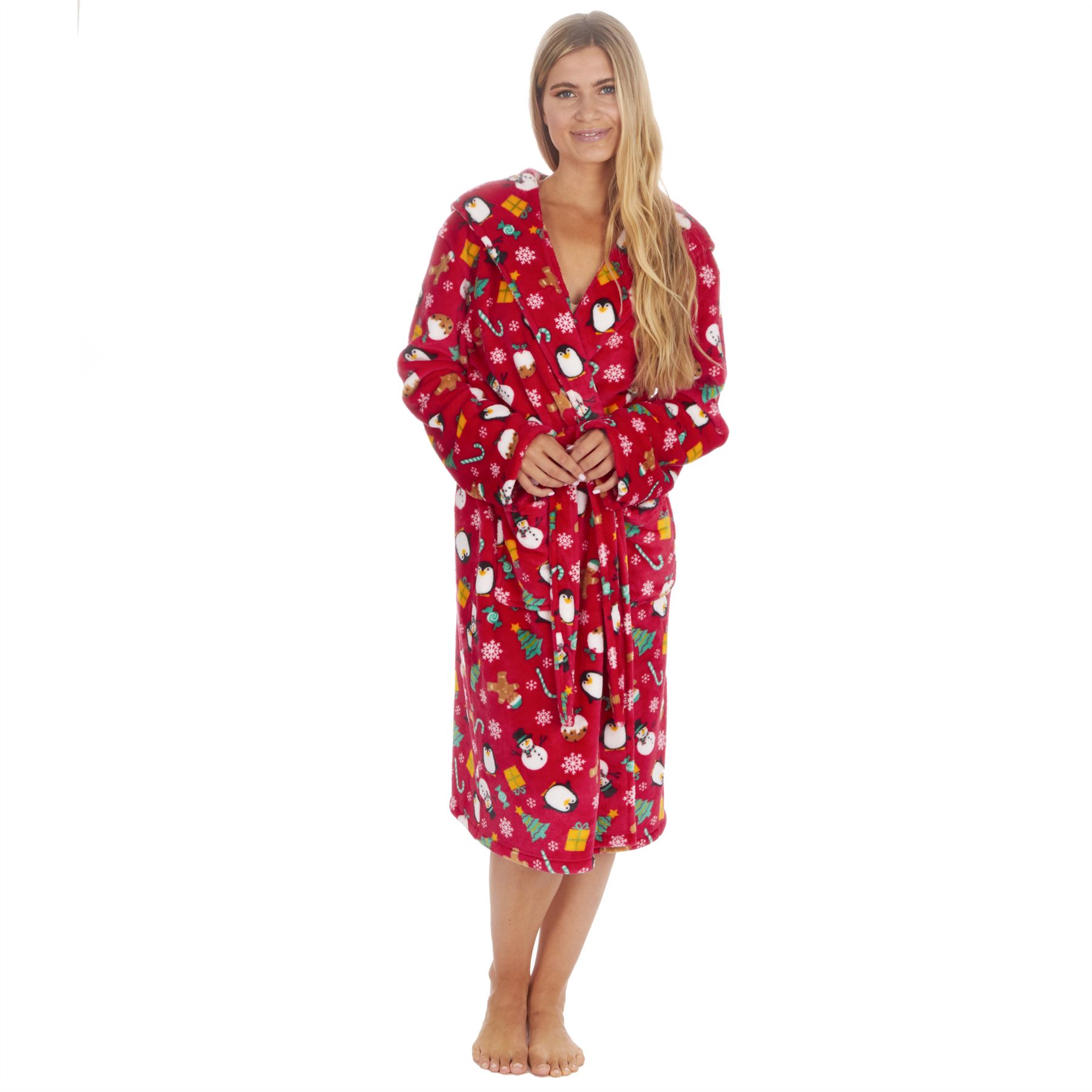 Christmas Dressing Gown Robe Xmas Mens Womens Unisex Red Navy Fleece Nightwear - Picture 27 of 36