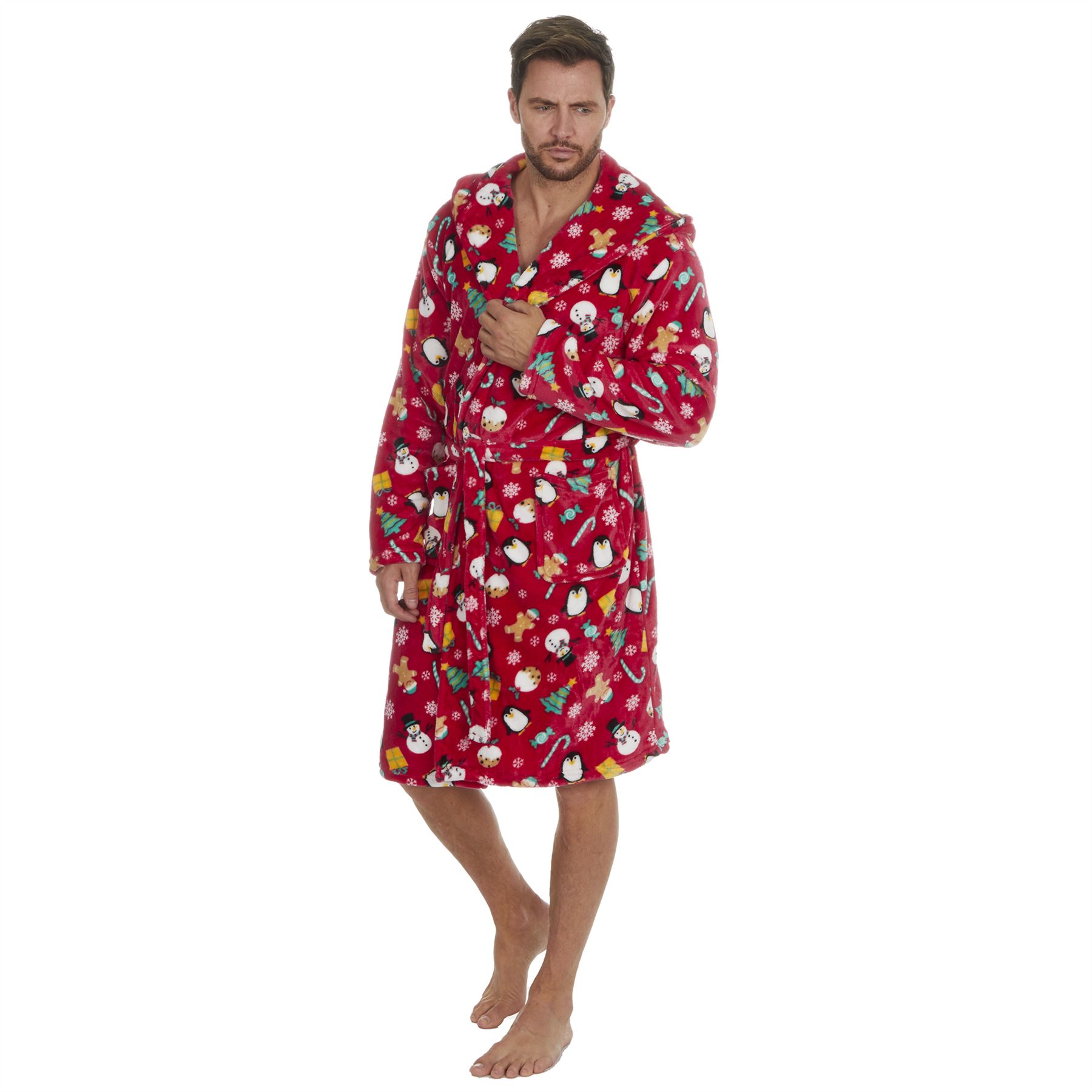 Christmas Dressing Gown Robe Xmas Mens Womens Unisex Red Navy Fleece Nightwear - Picture 36 of 36