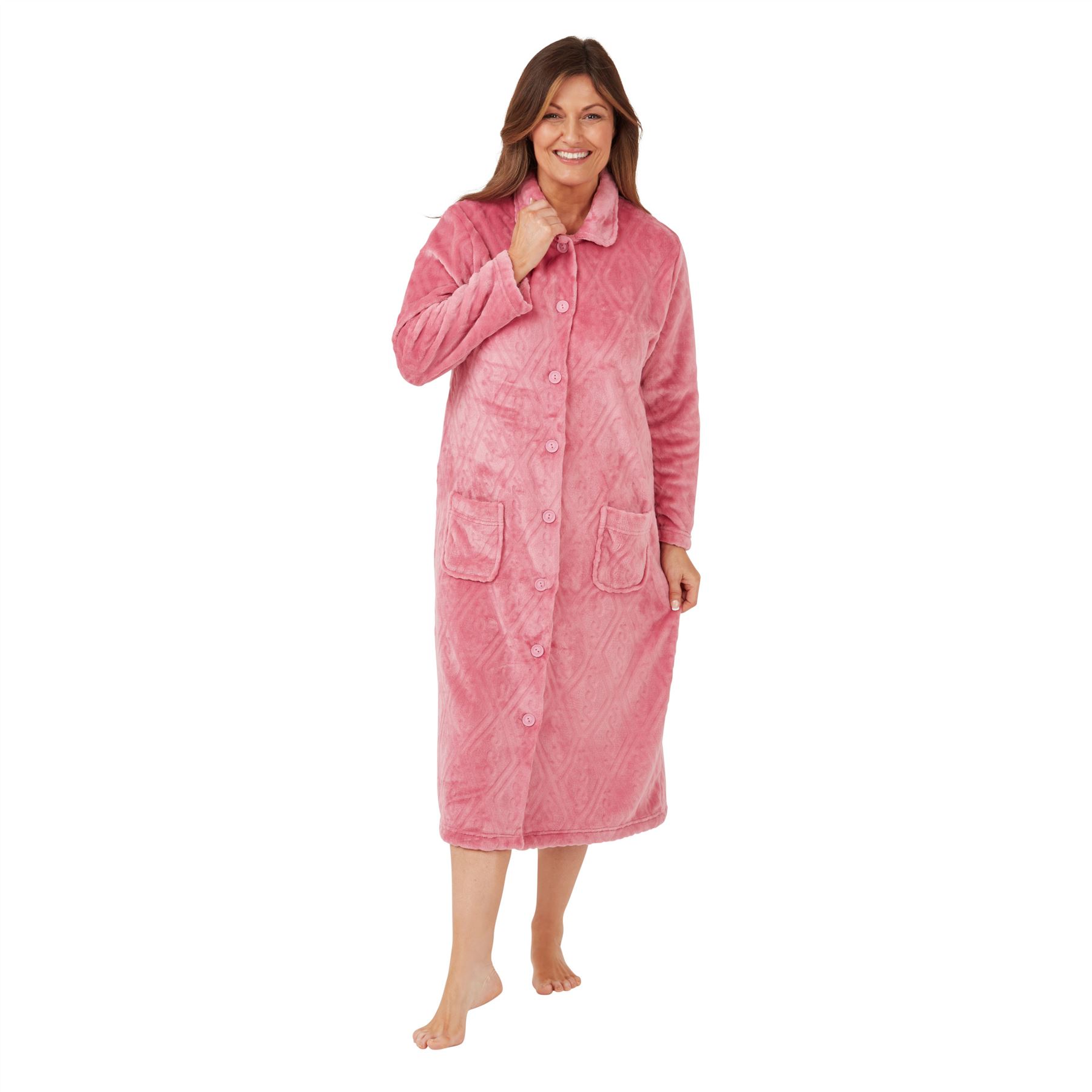Ladies Embossed Button Through Front Fleece Housecoat Dressing Gown Robe 8-26 - Picture 8 of 10