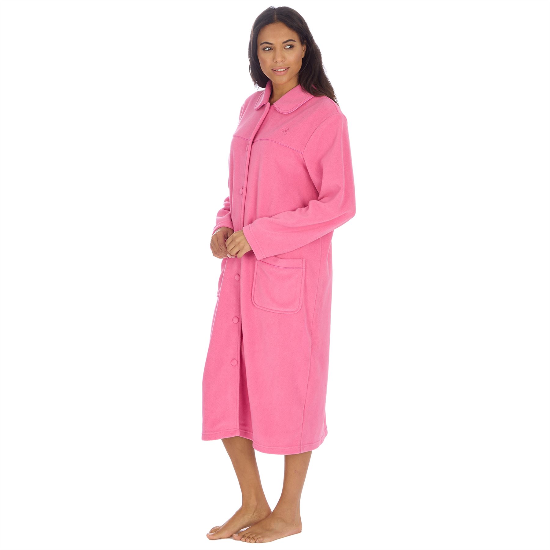 Ladies Button Housecoat Robe Longer Length Fleece Dressing Gown - Picture 22 of 40