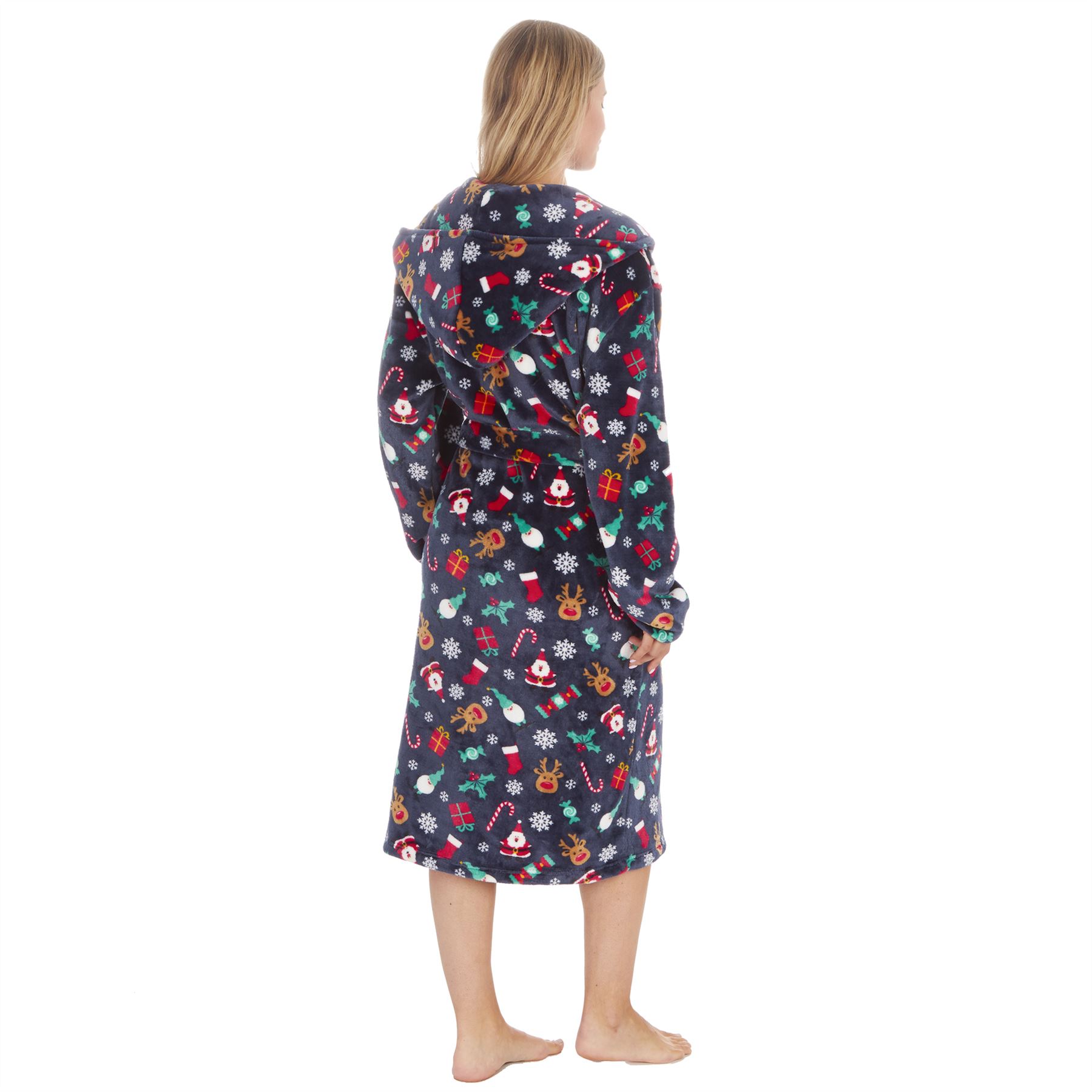 Christmas Dressing Gown Robe Xmas Mens Womens Unisex Red Navy Fleece Nightwear - Picture 18 of 36
