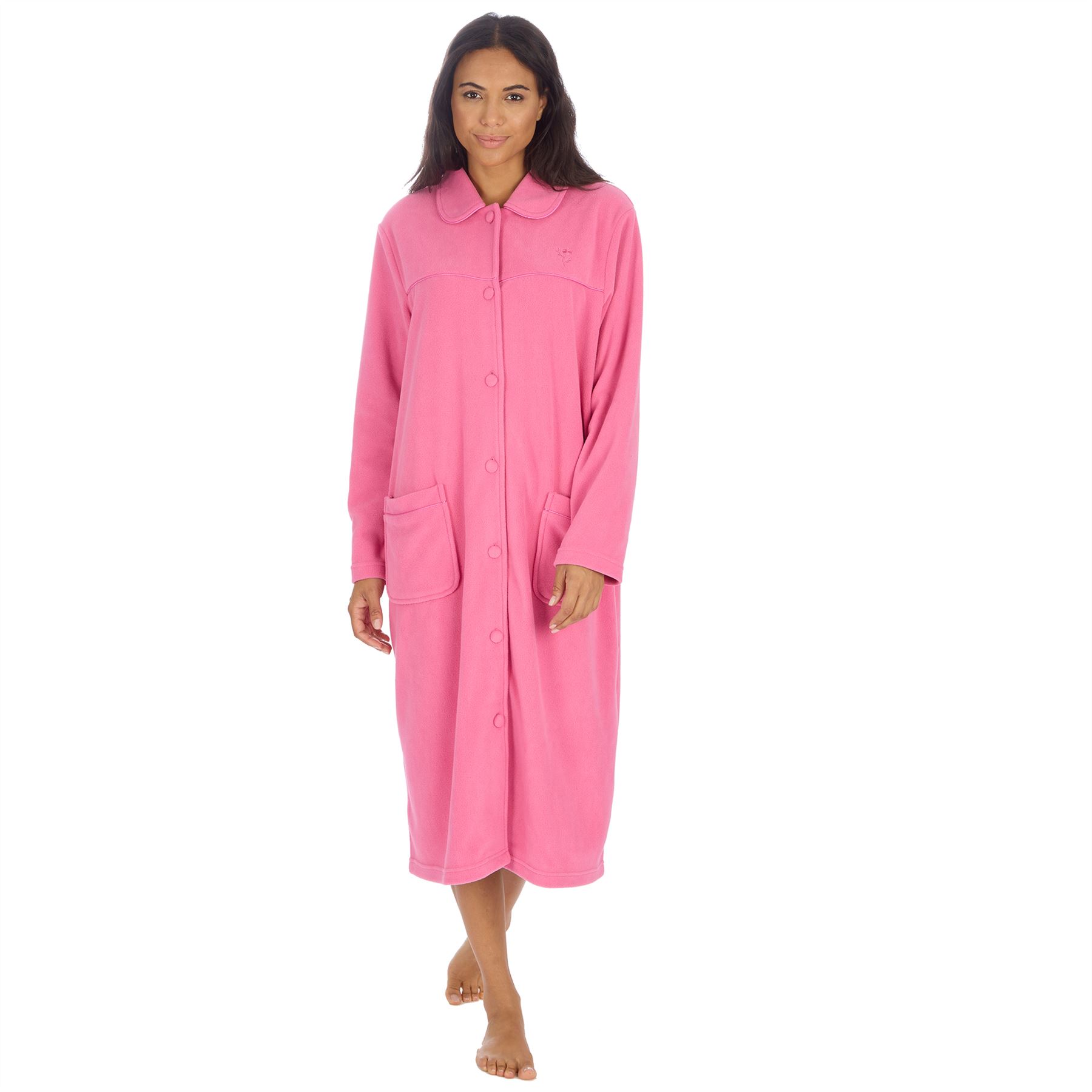 Ladies Button Housecoat Robe Longer Length Fleece Dressing Gown - Picture 23 of 40