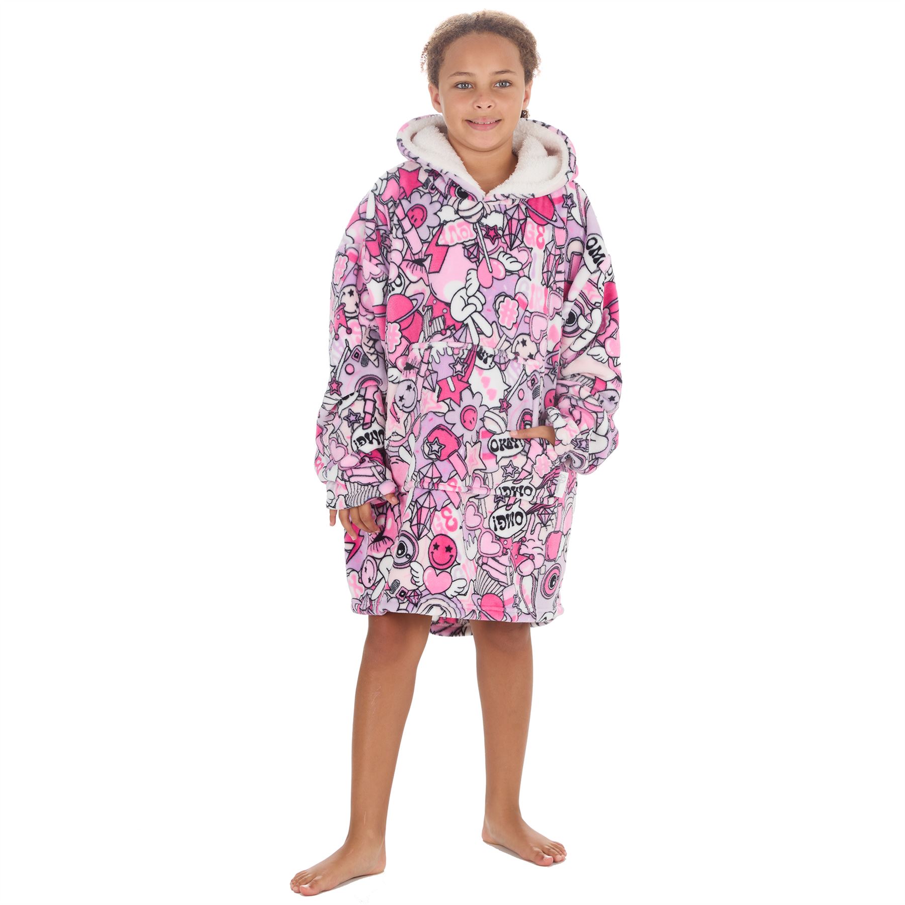 Mädchen Kinder Oversize Hoodie Leopard Karo Gaming Warm Fleece Kapuze Decke Morgenmantel - Bild 68 von 72