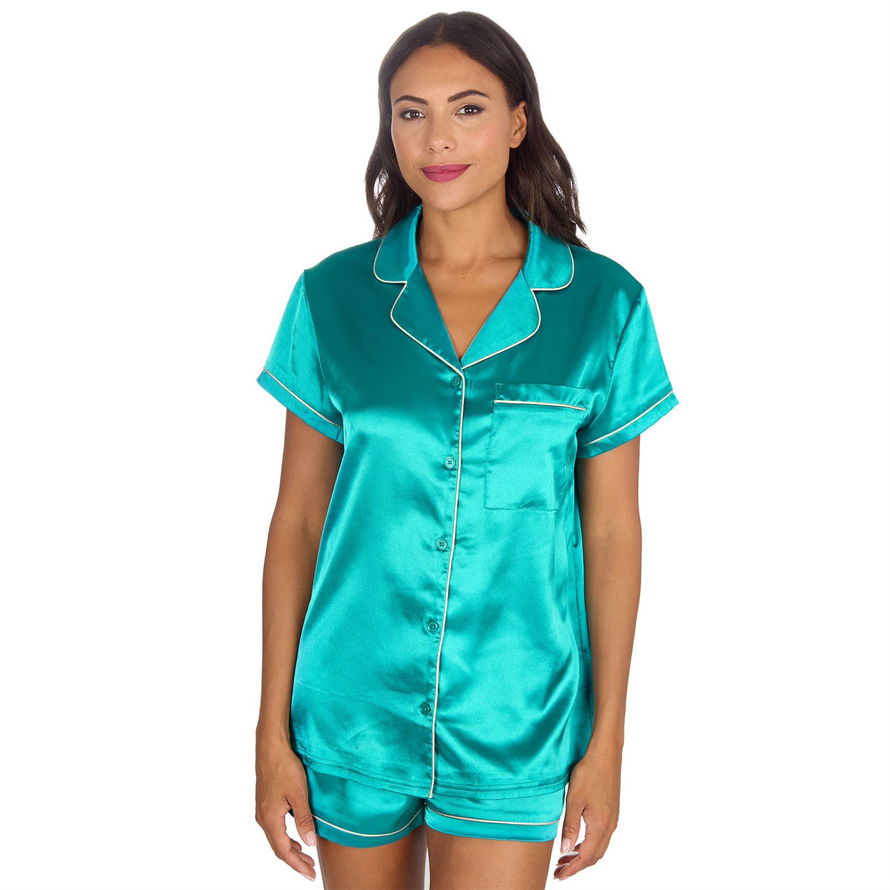 Conjunto de pijama de satén con botones delanteros y pantalones cortos para mujer y mujer talla 10-24 - Imagen 26 de 28