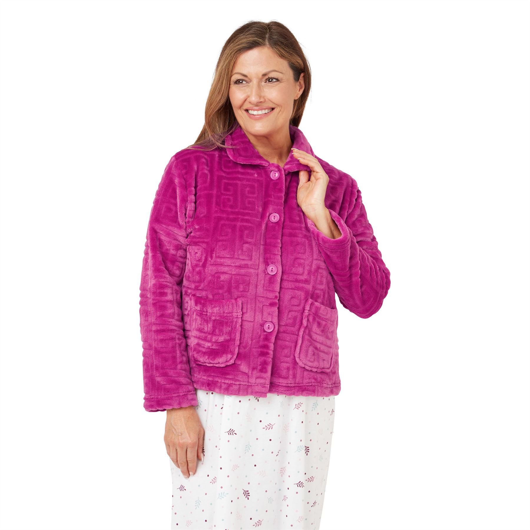 Ladies Embossed Button Through Fleece Bedjacket Womens Nightwear Top - Picture 3 of 4