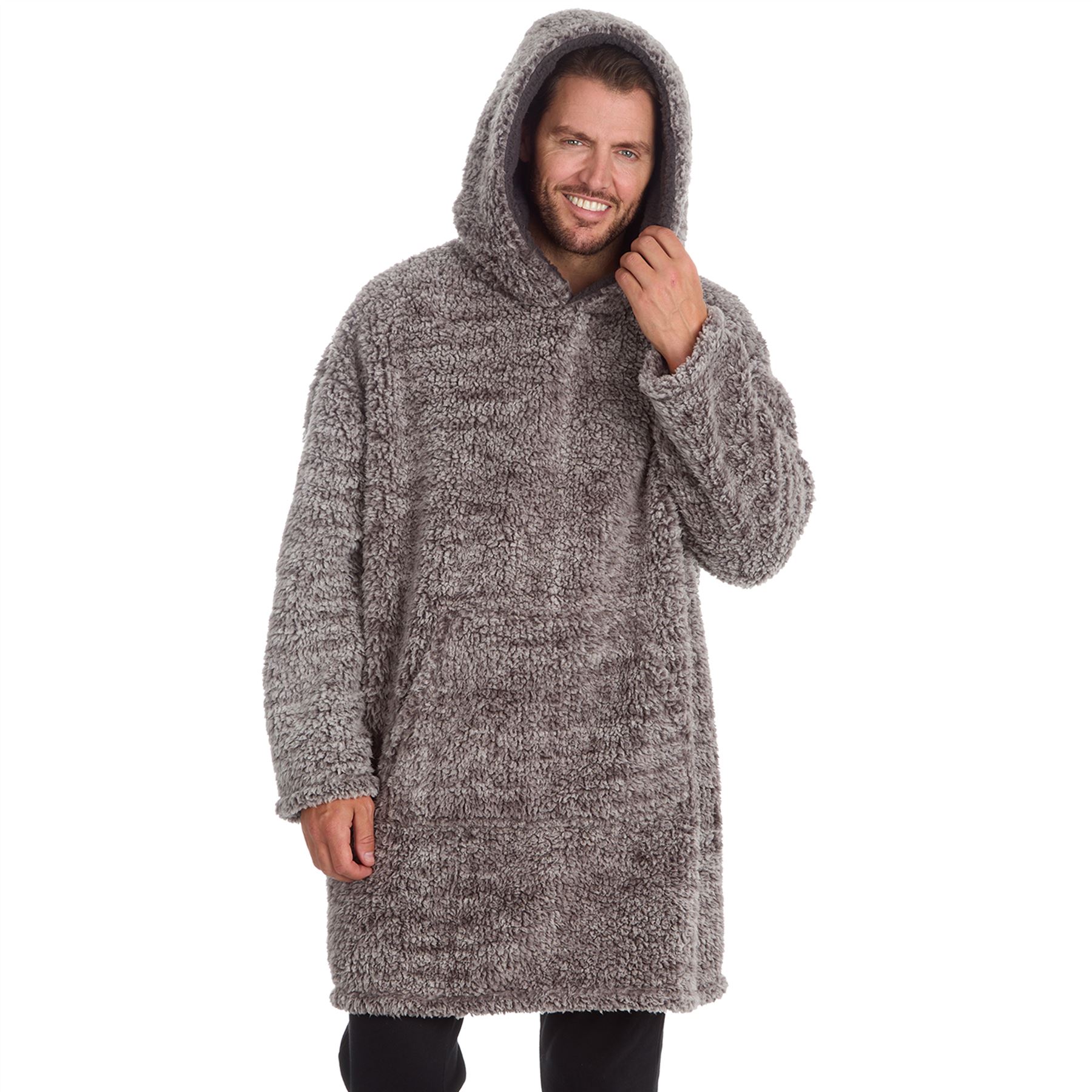 Mens Sherpa Fleece Hoodie Adults Frosted Oversized Warm Winter Nightwear - Picture 4 of 15