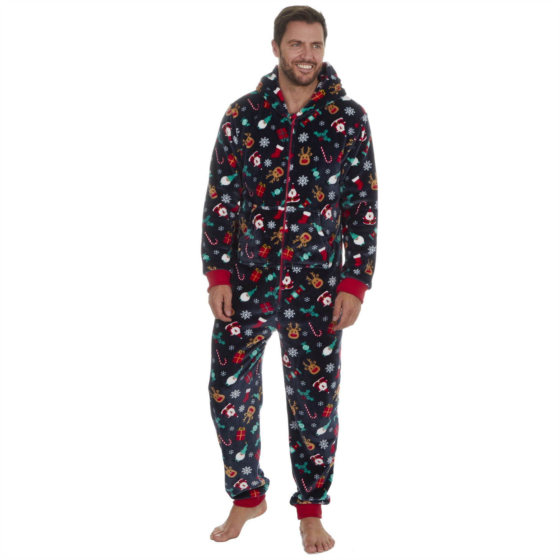 Christmas 1Onesie Xmas All In One Mens Womens Unisex Red Navy Fleece Loungewear - Picture 15 of 24