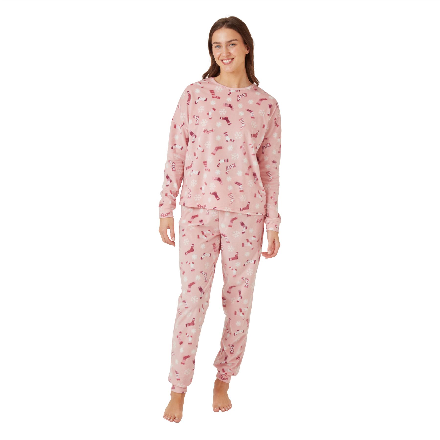 Ladies Fleece Pyjamas Pajama Set Womens Sock Print PJs Blue Pink - Picture 8 of 9