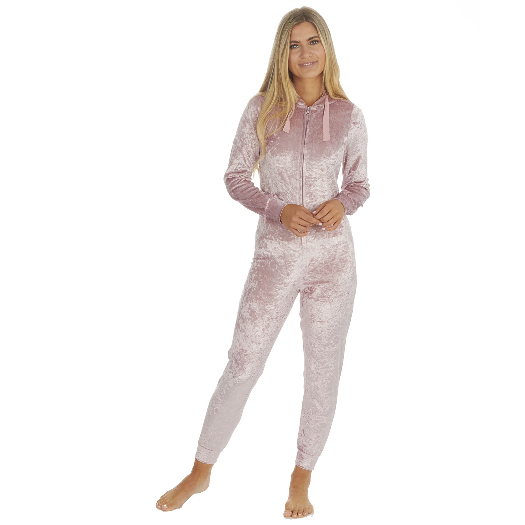 Ladies Crushed Velvet 1Onesie All In One Hooded Pyjamas Size 8-22 - Picture 10 of 13